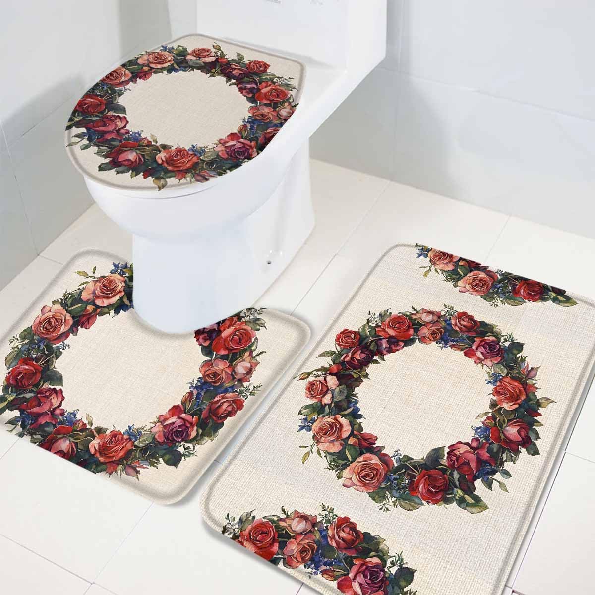 Wotrend Spring 3 Piece Bath Rug Set Red Rose Wreath