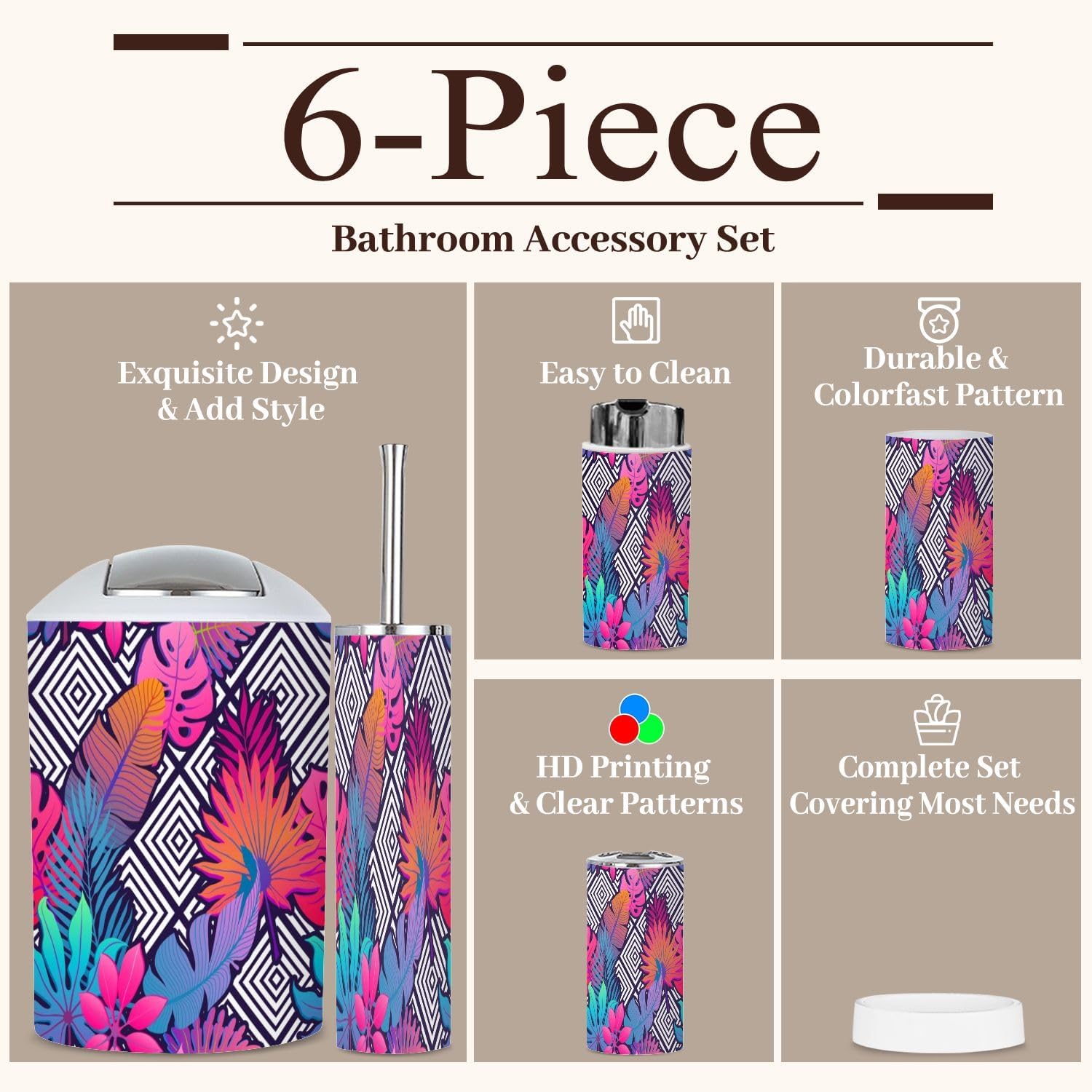 6 Piece Bathroom Accessories Set Exotic Leaves