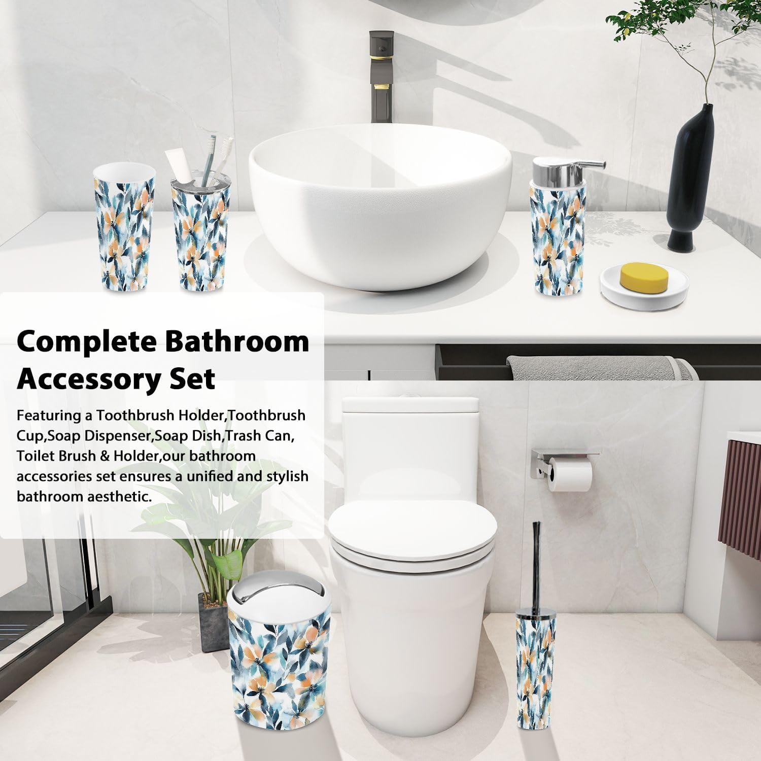 Boho Autumn Flowers Bathroom Accessory Set 6 Piece