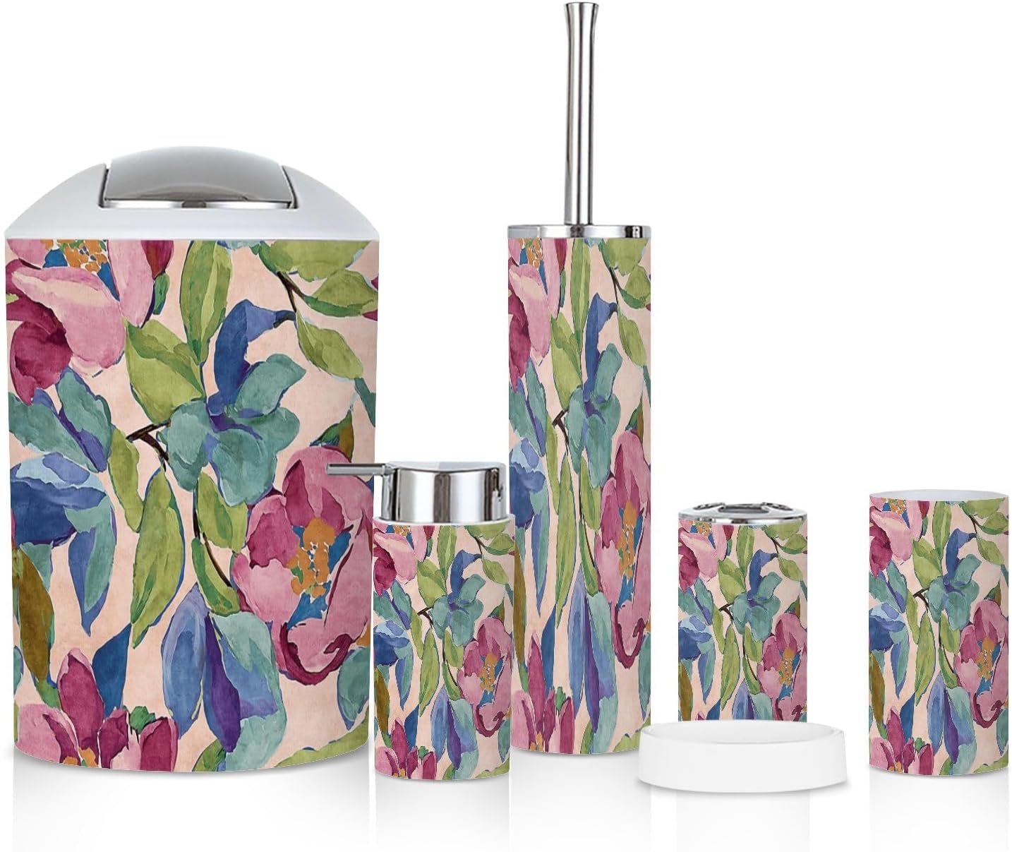 6-Piece Boho Bathroom Accessories Set with Tropical Flowers