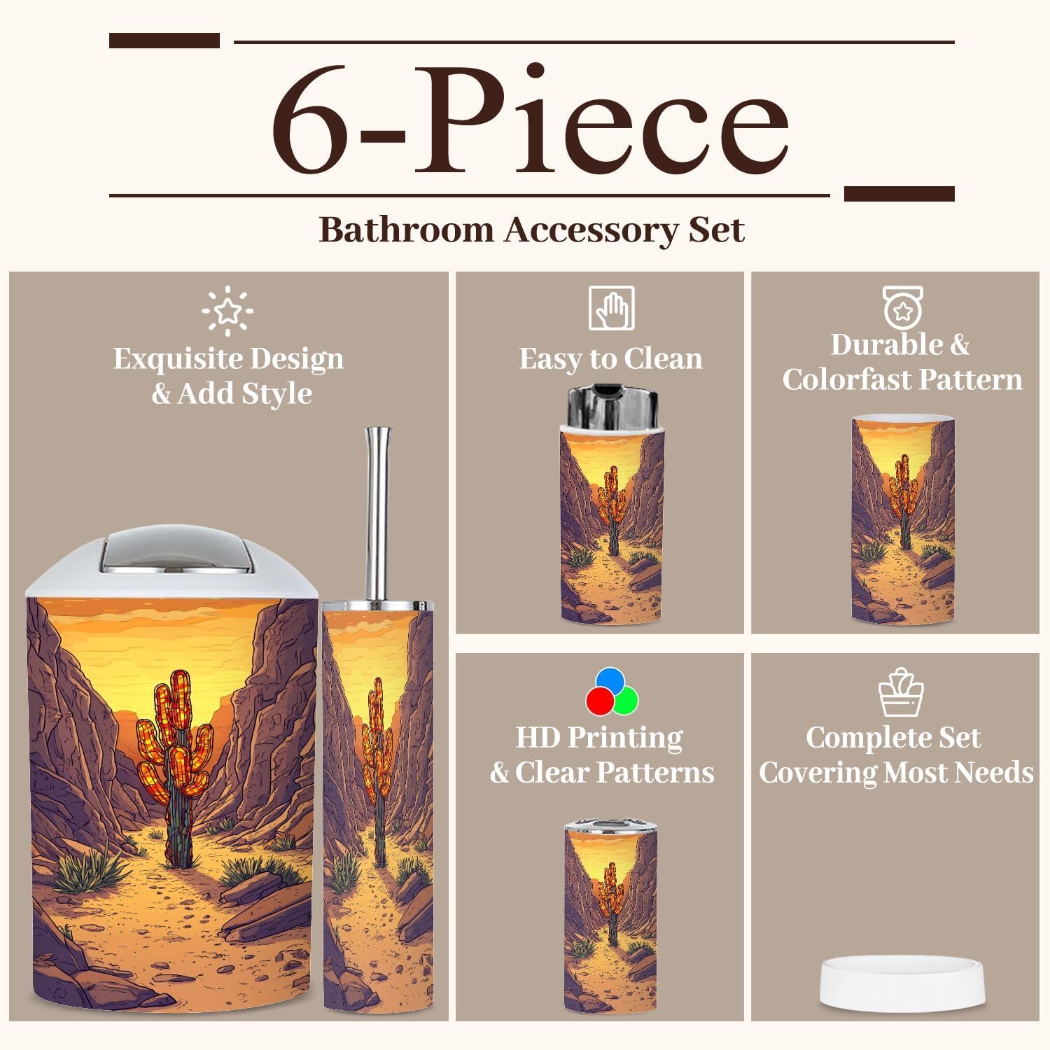 6 Piece Boho Bathroom Accessories Set with Cactus Stained Glass Design