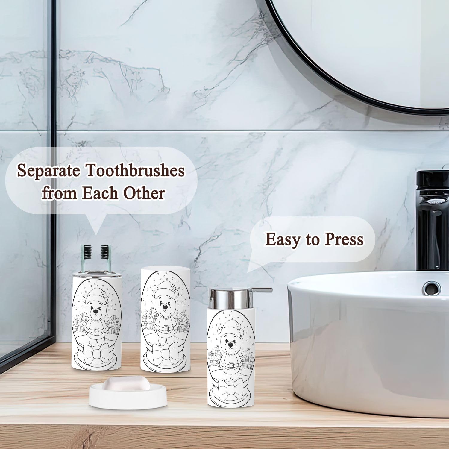 Cute Bear Cartoon Christmas Glass Sphere Bathroom Accessories Set 6 Pcs