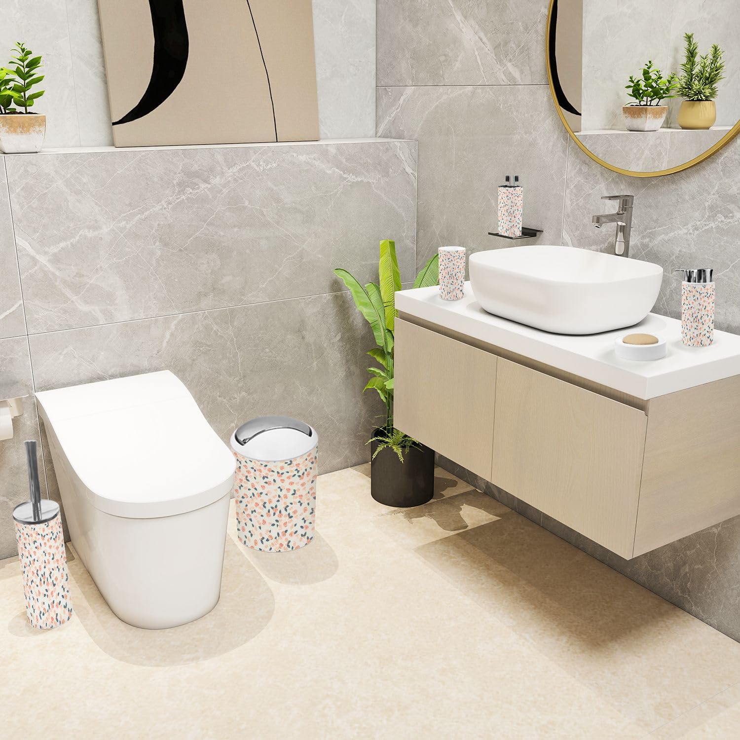 6-Piece Boho Bathroom Accessories Set with Floral Design