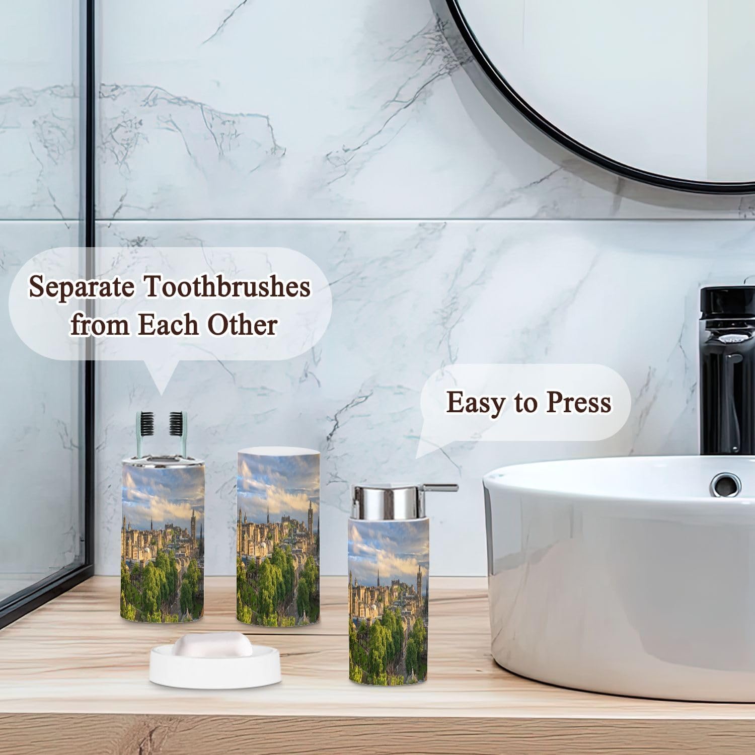 6 Piece Bathroom Accessories Set with Skyline Sunset Design