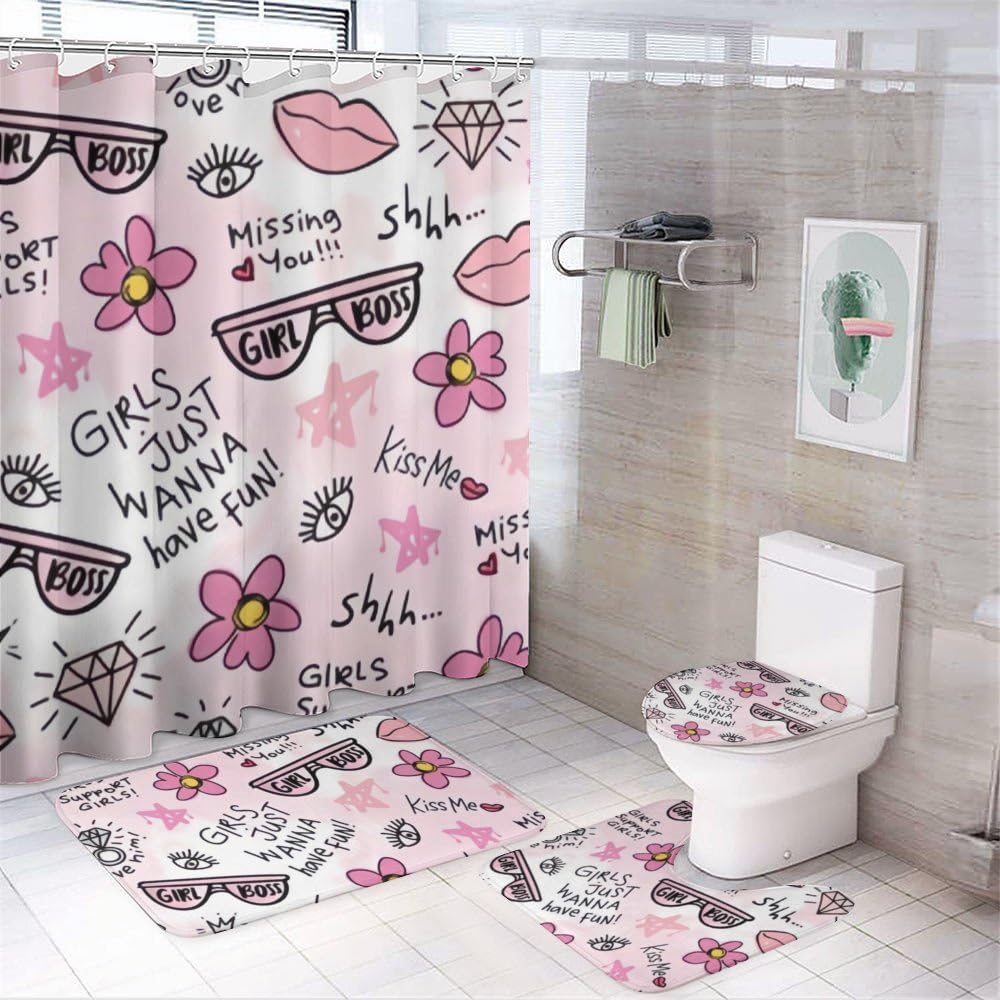 Kuizee 4-Piece Shower Curtain Set with Pink Flower Doodle Rugs