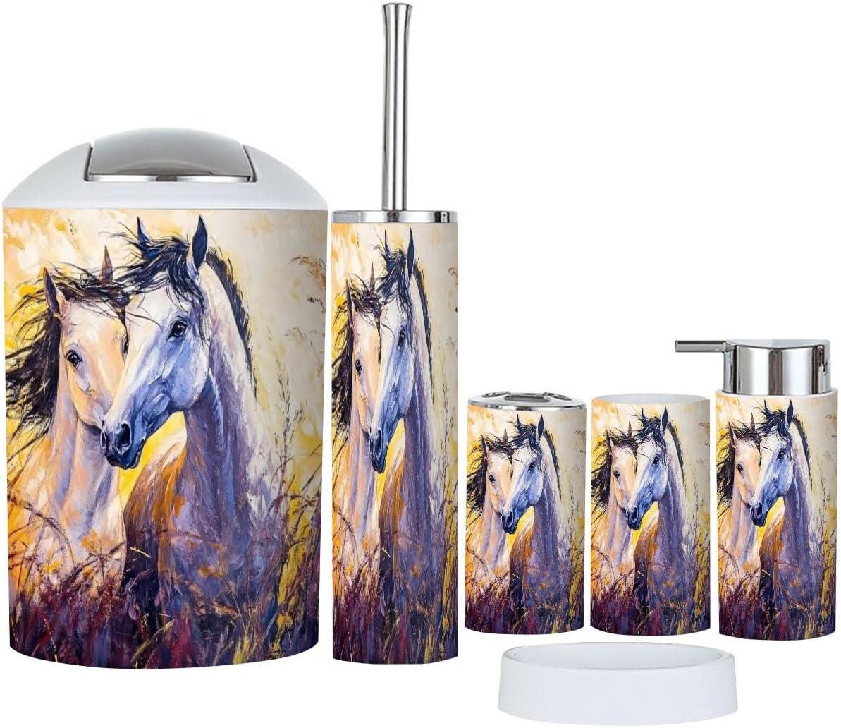 Boho Oil Canvas Horses Bathroom Accessory Set of 6