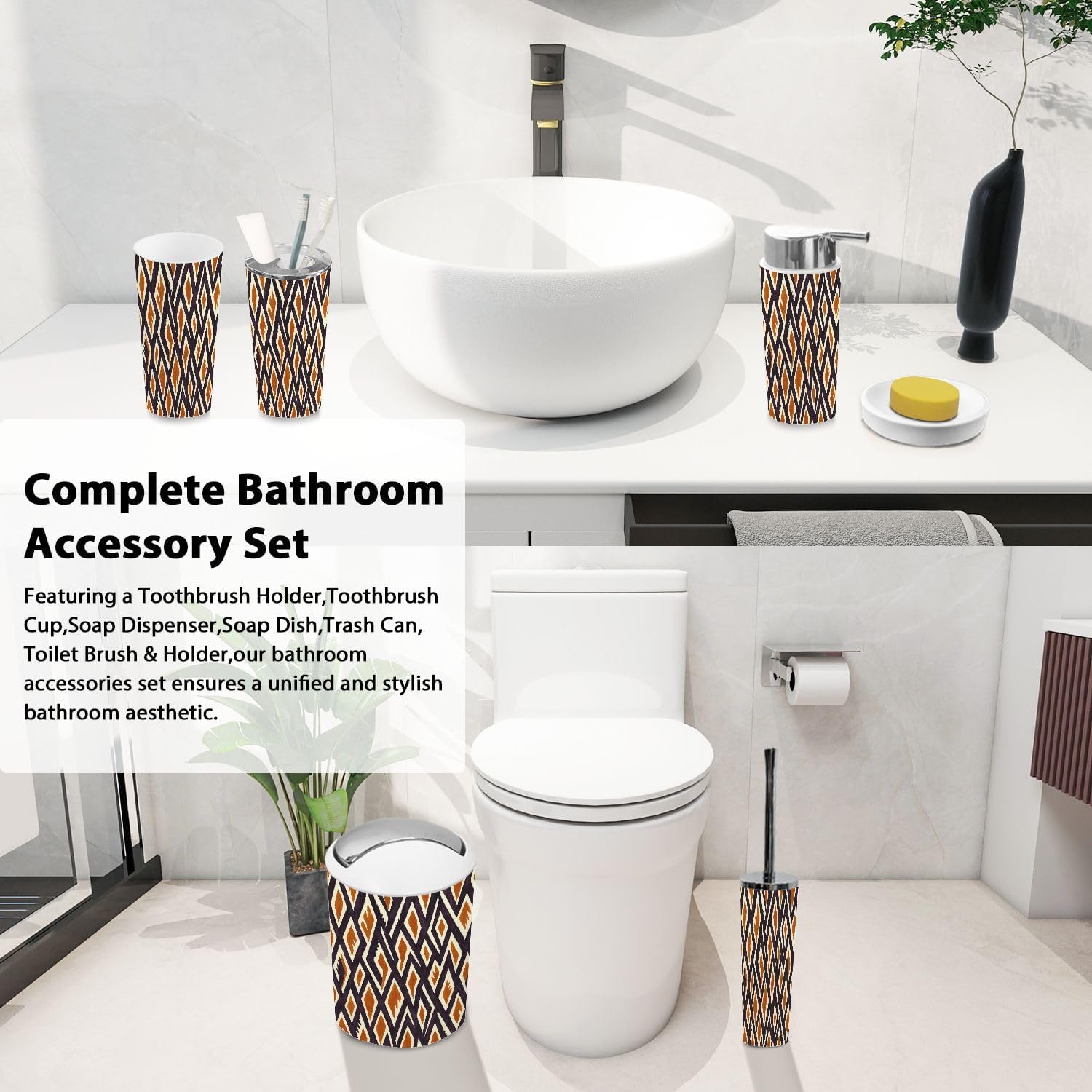 Boho Ikat Bathroom Accessory Set of 6