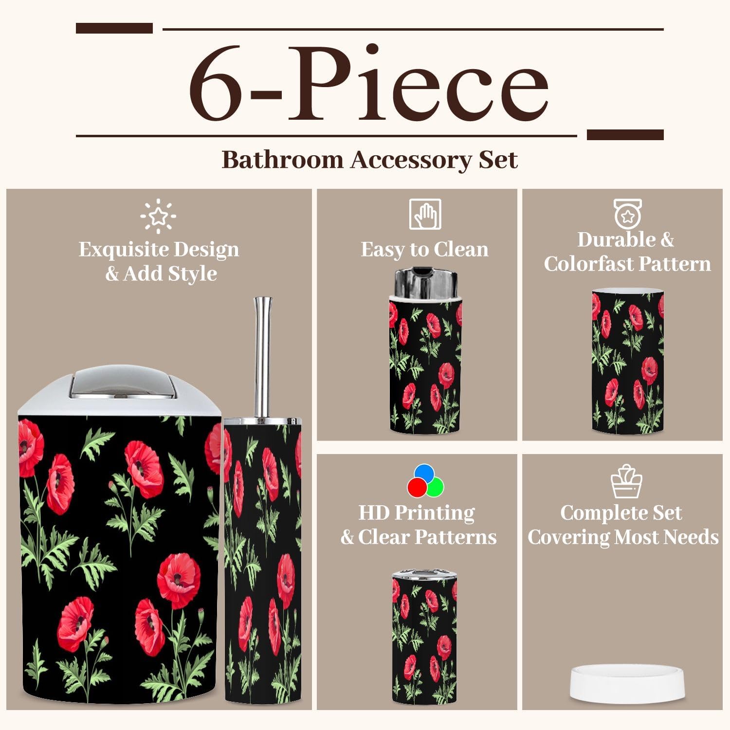 6 Piece Boho Bathroom Accessories Set with Flowers 1