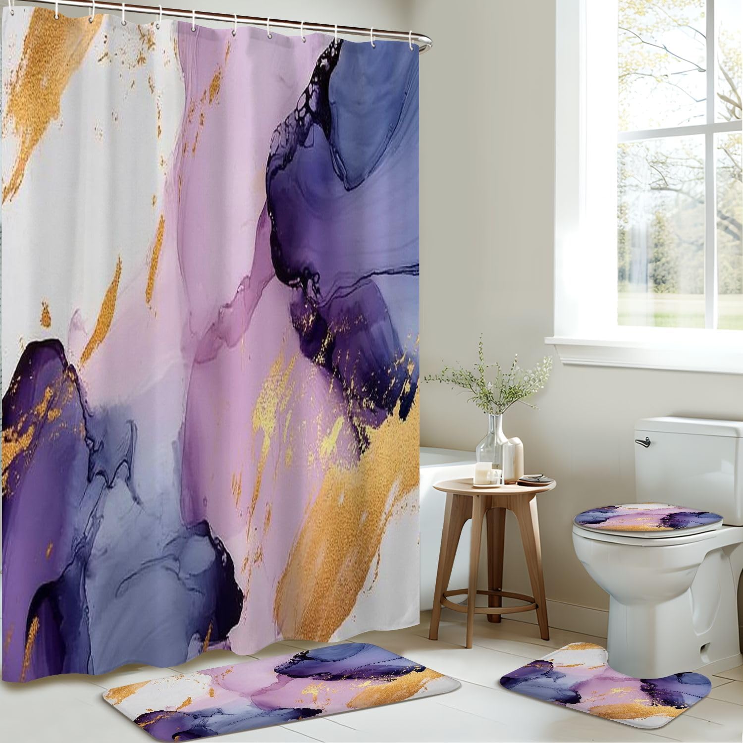 4 Piece Shower Curtain Set with Rugs and Toilet Lid Cover Mat