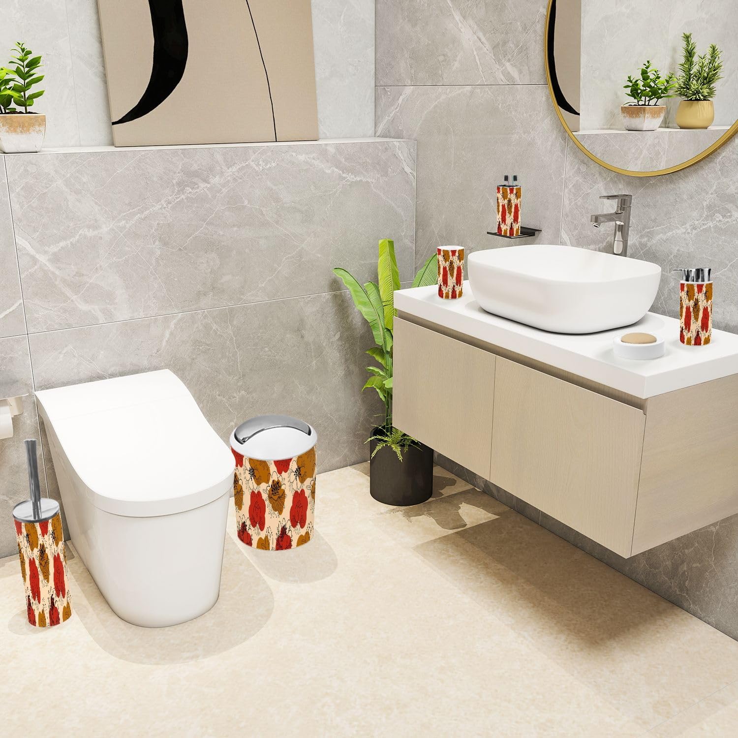 6 Piece Boho Bathroom Accessories Set with Flowers Design