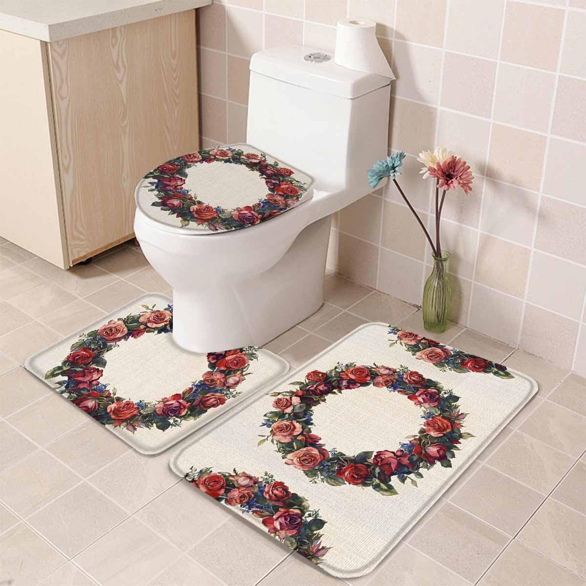 Wotrend Spring 3 Piece Bath Rug Set Red Rose Wreath
