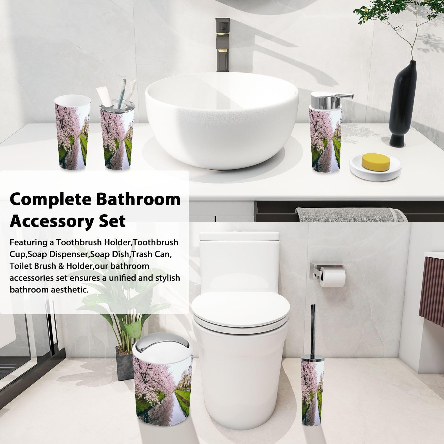 Boho Cherry Blossom Bathroom Accessory Set 6 Piece
