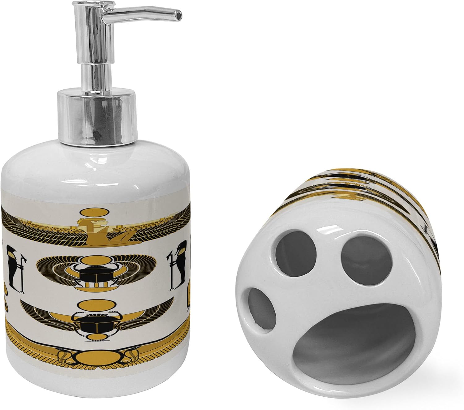 Ambesonne Egyptian Print Soap Toothbrush Holder Set 2 Pcs Yellow Black