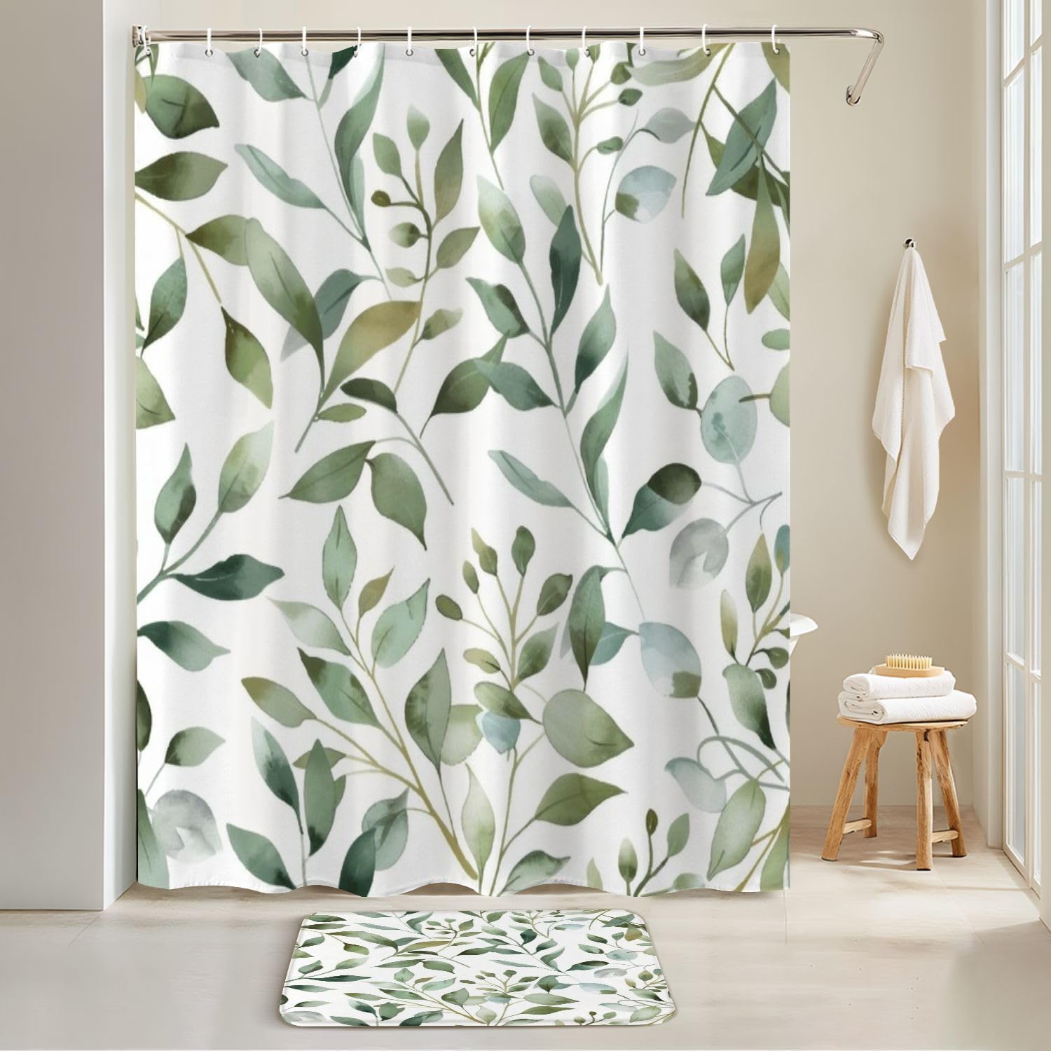 4 Pieces Shower Curtain Set with Rugs and Mats Abstract Flower Design