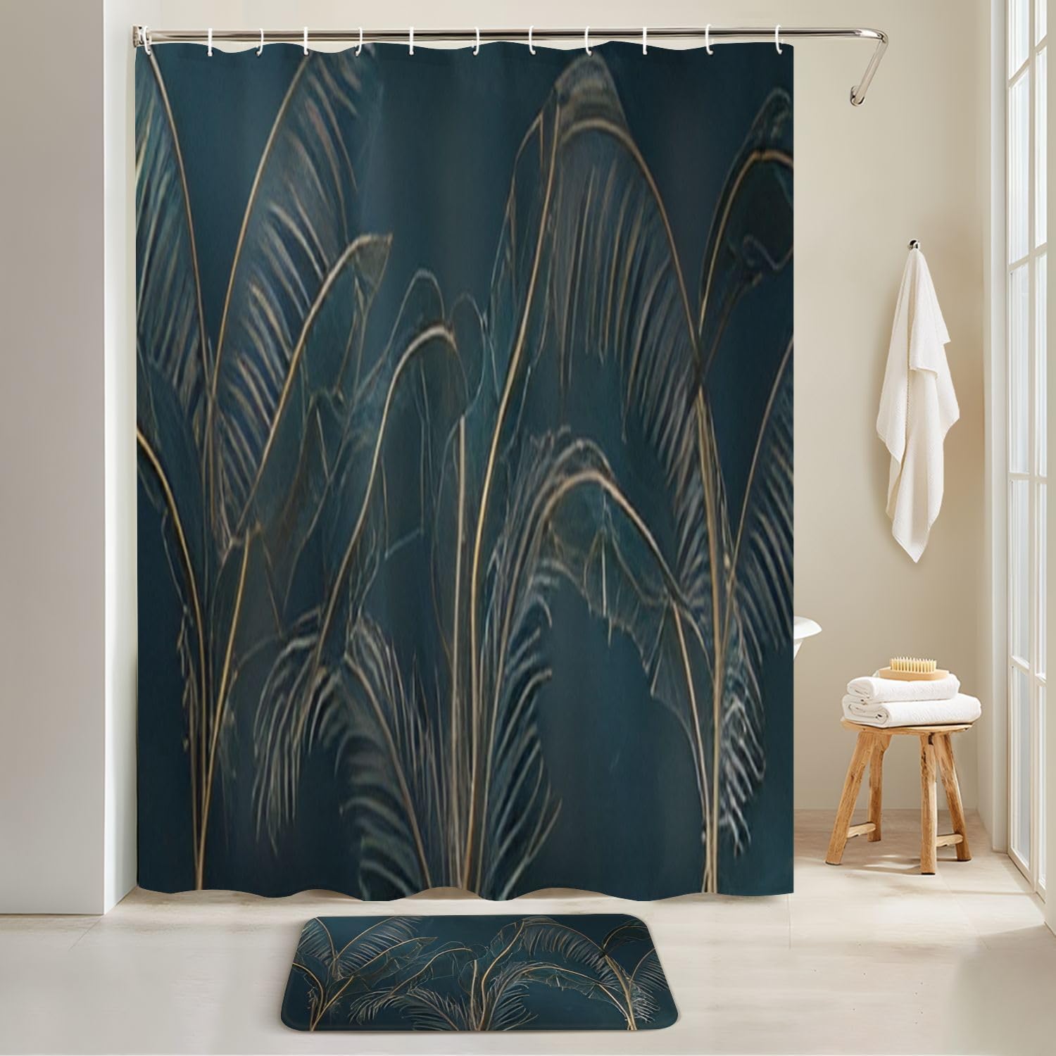 JCOOKLOFTS 4-Piece Shower Curtain Set with Rugs Mats and Non-Slip Design