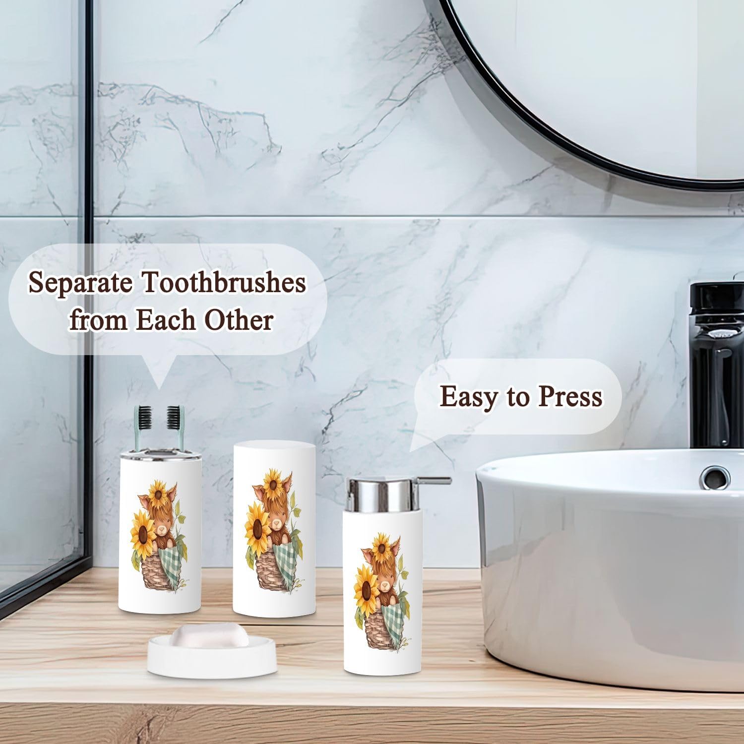 6-Piece Bathroom Accessories Set with Baby Highland Cow Design