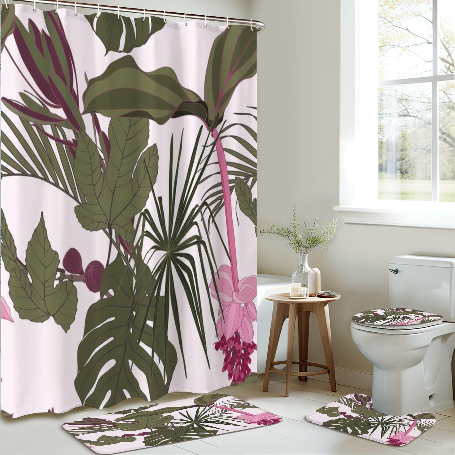 JCOOKLOFTS 4-Piece Shower Curtain Set with Rugs and Mats 1