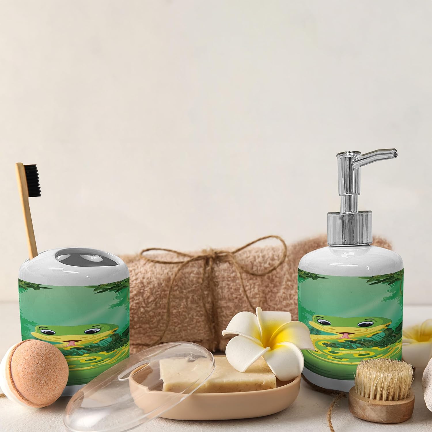 Ambesonne Moss Green Soap Dispenser Toothbrush Holder Set