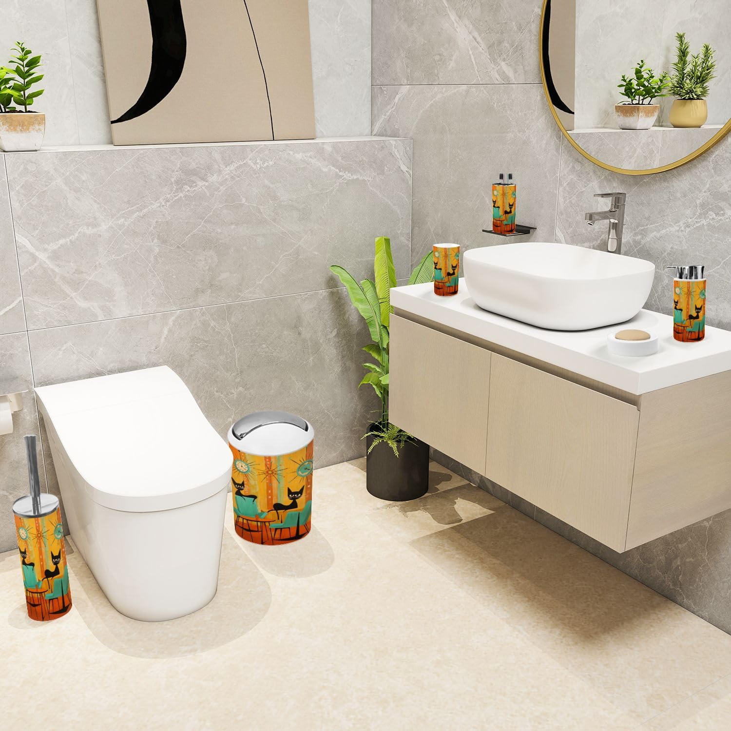 Retro Cats Bathroom Accessories Set 6 Piece 1