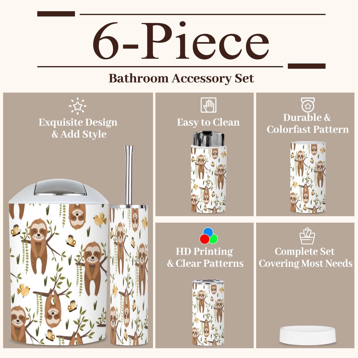 6 Piece Bathroom Accessories Set Sloth Design