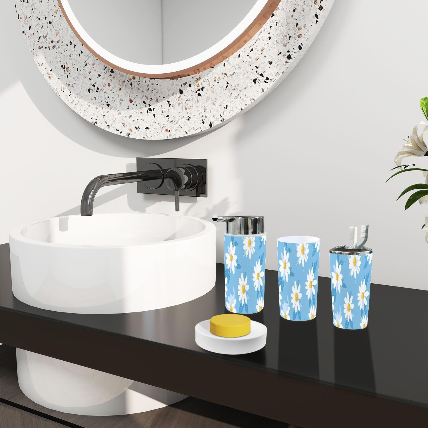 Boho Blue Daisy Bathroom Accessory Set 6 Piece