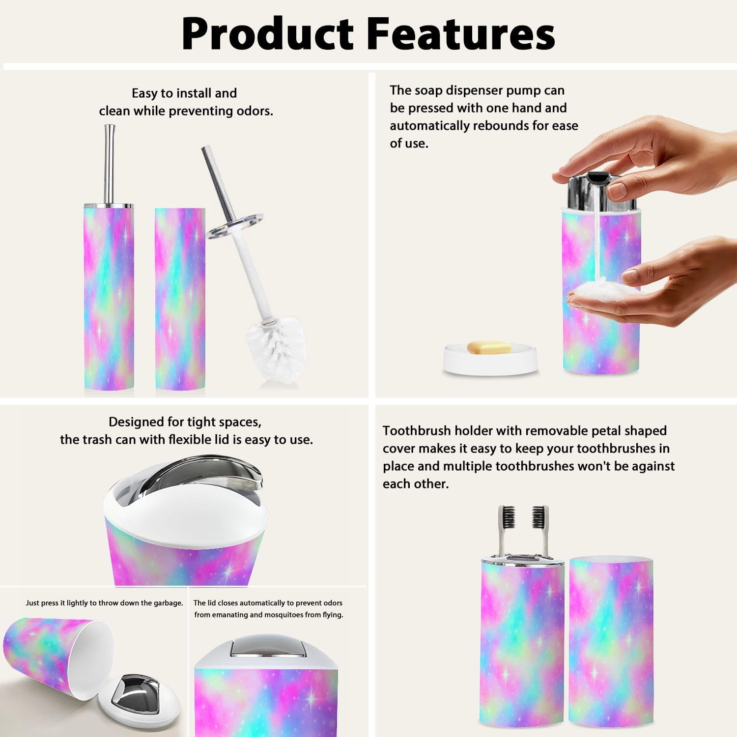 Boho Rainbow Bathroom Accessory Set 6 Piece 1