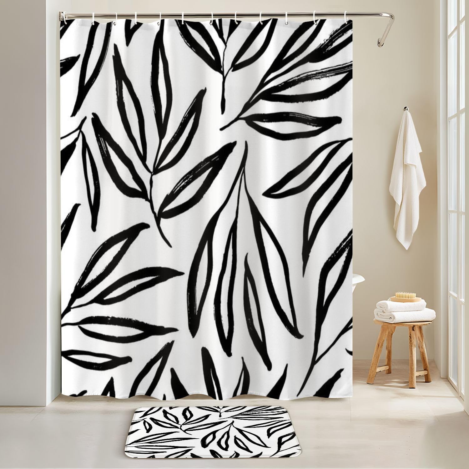 4 Piece Shower Curtain Set with Rugs Mats and Lid Cover