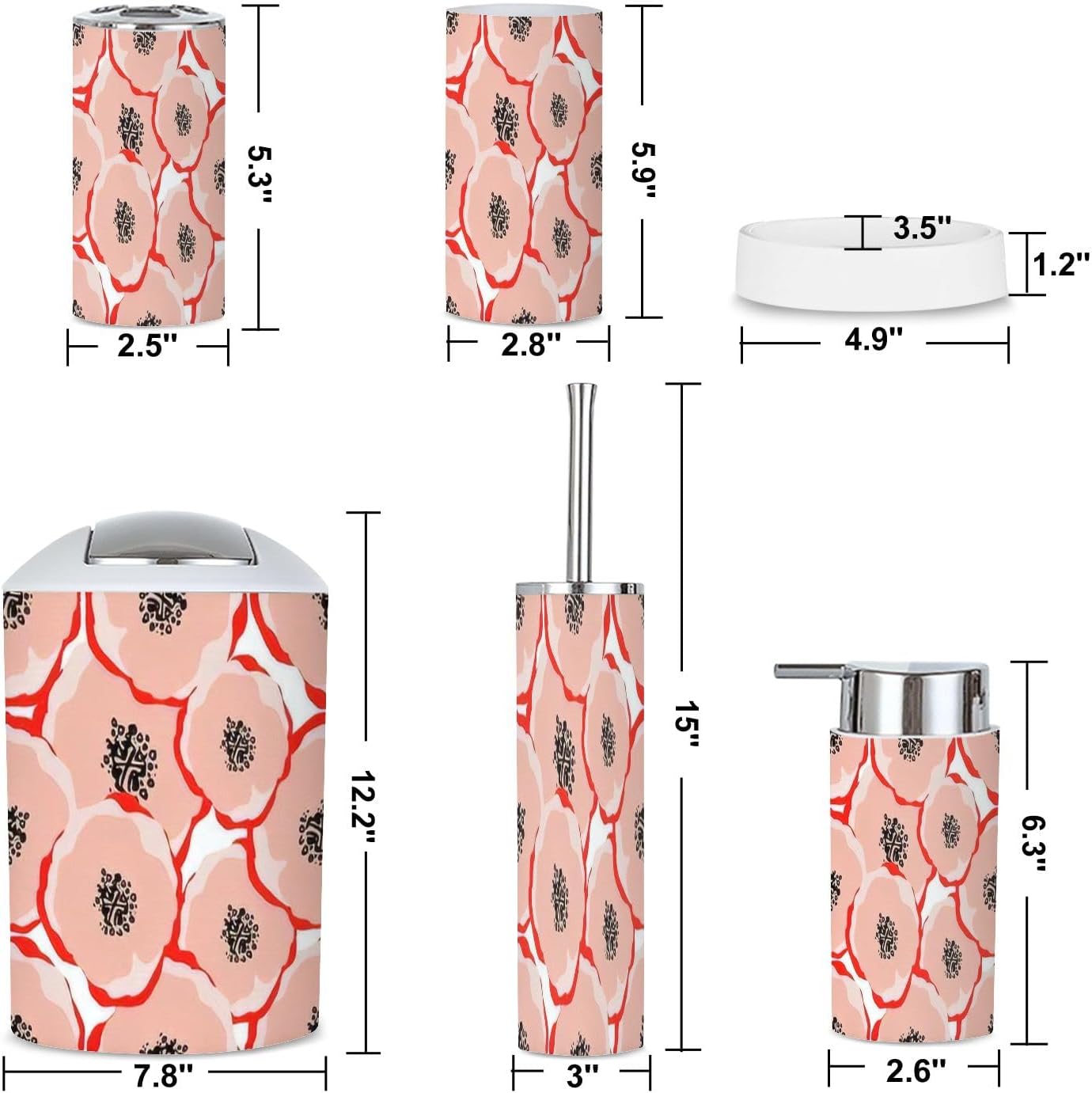 6 Piece Bathroom Accessories Set with Floral Design