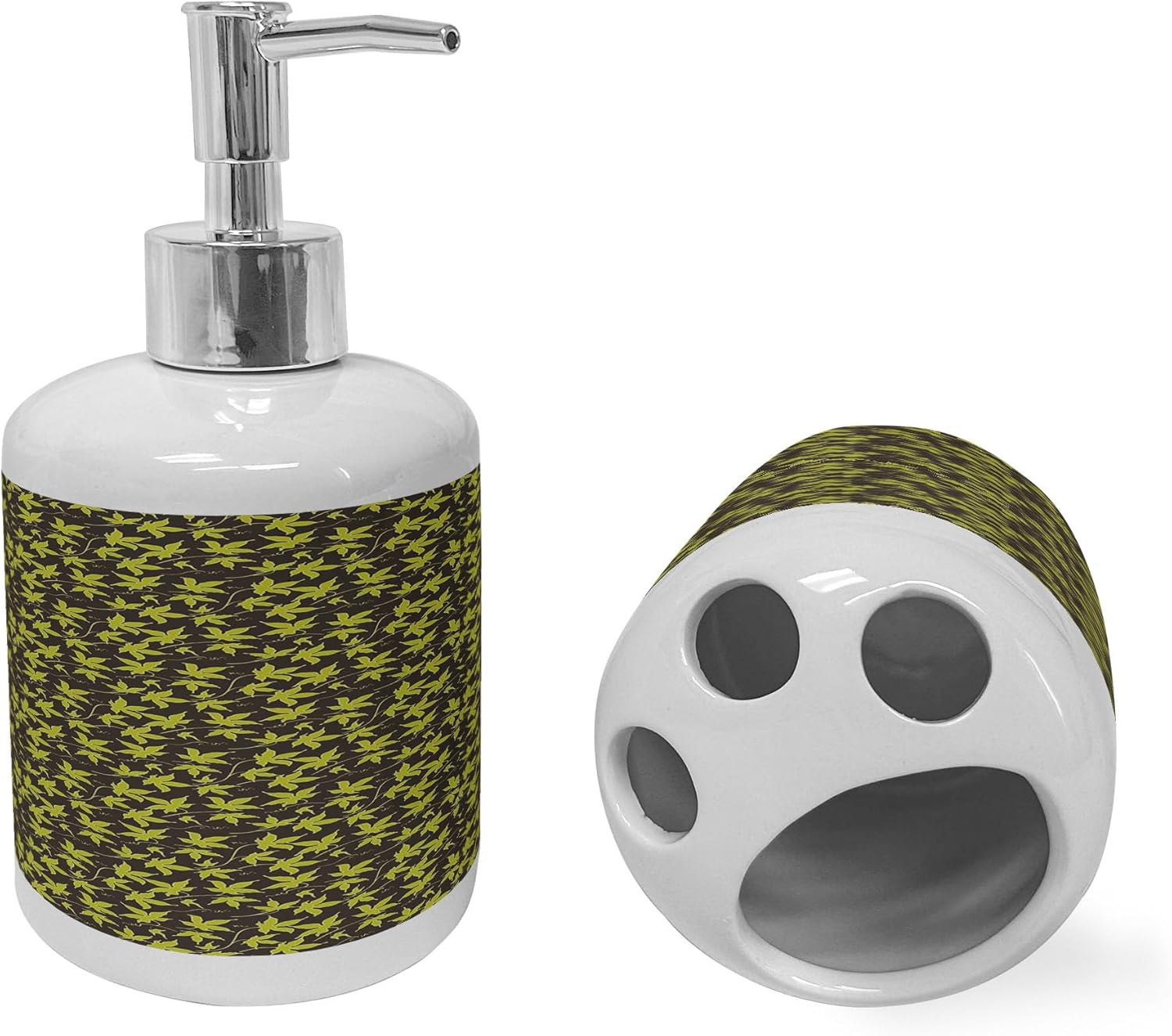 Ambesonne Floral Soap Dispenser Toothbrush Holder Set Ceramic Antique Design