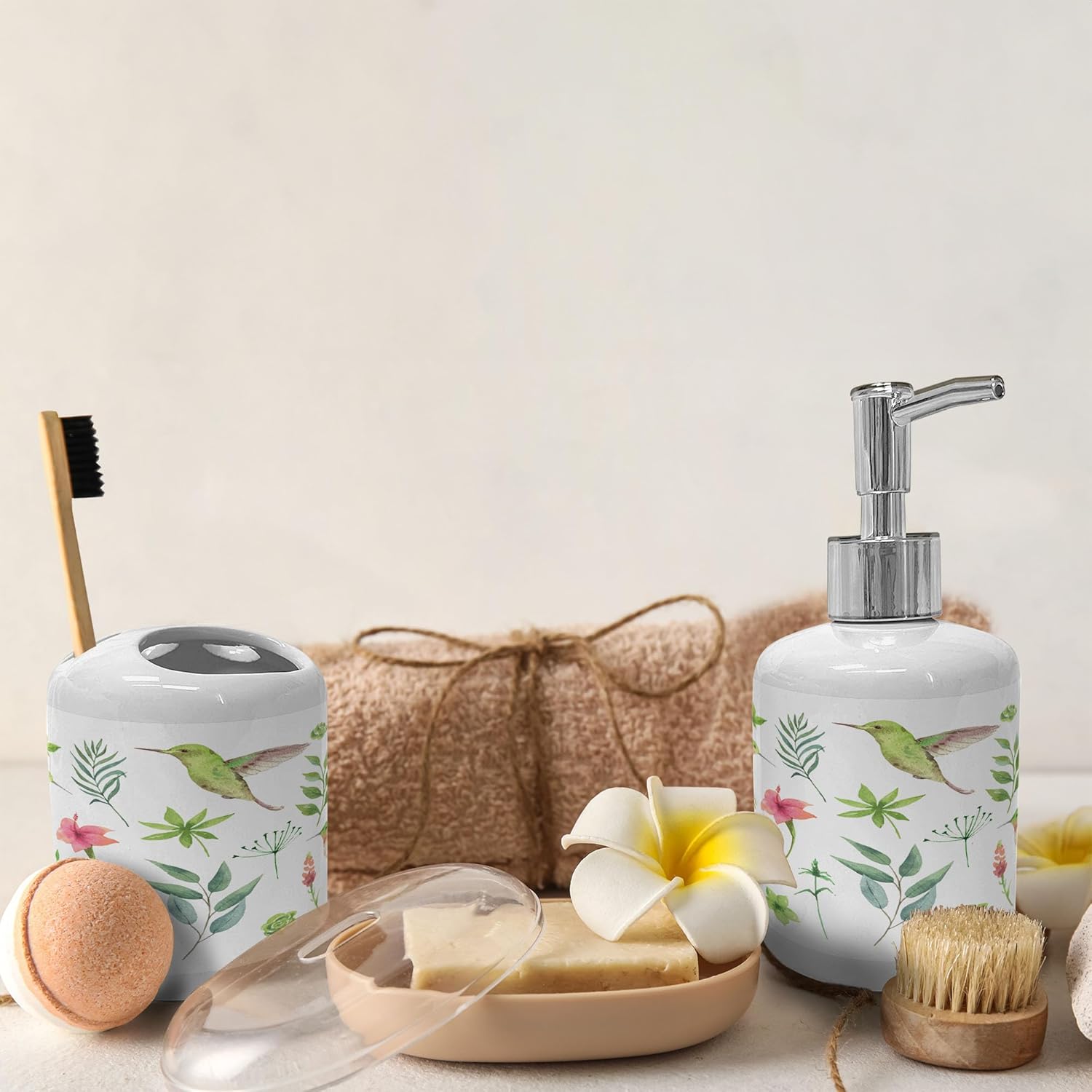 Ambesonne Hummingbird Soap Dispenser Toothbrush Holder Set 2 Pcs White Apple Green