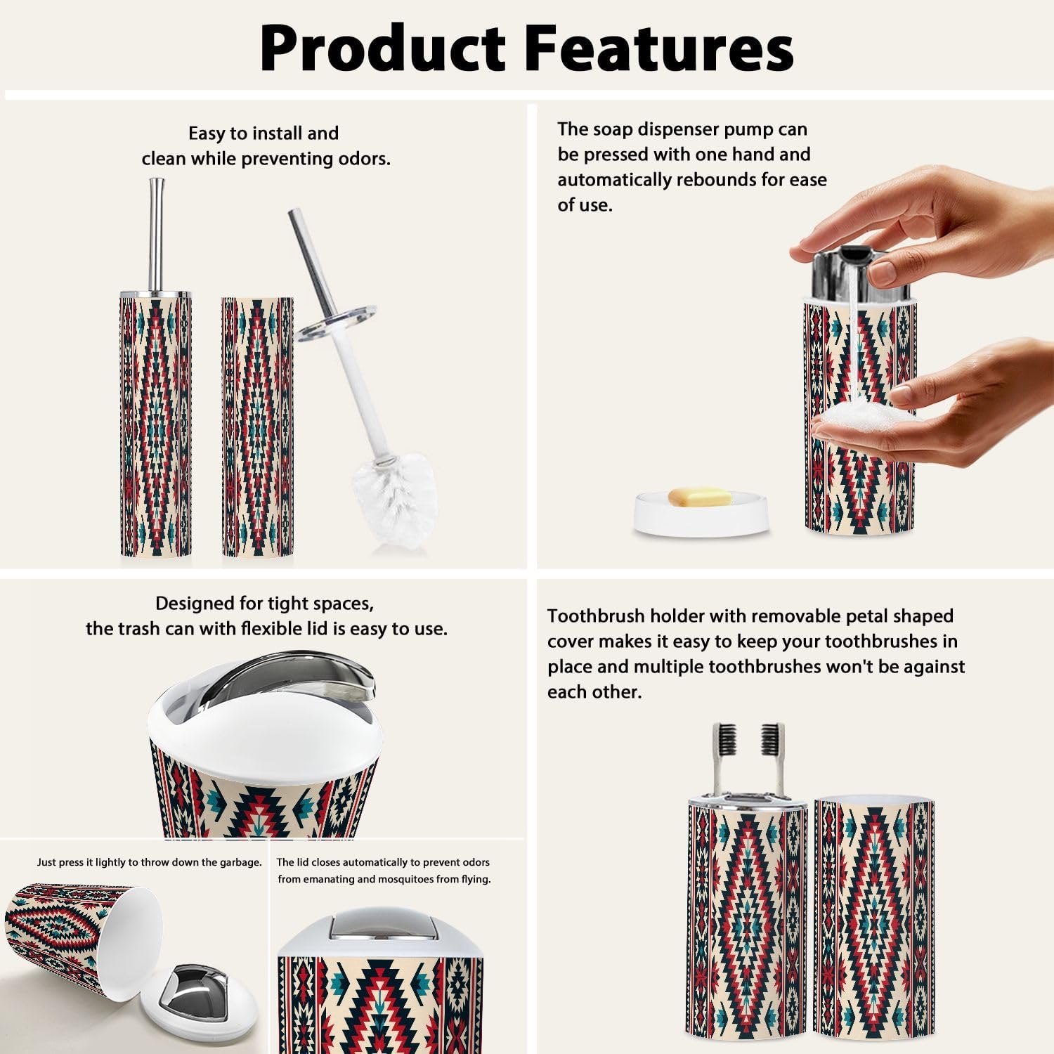 TRANQDEHOM Bathroom Accessory Set 6 Piece Boho Design