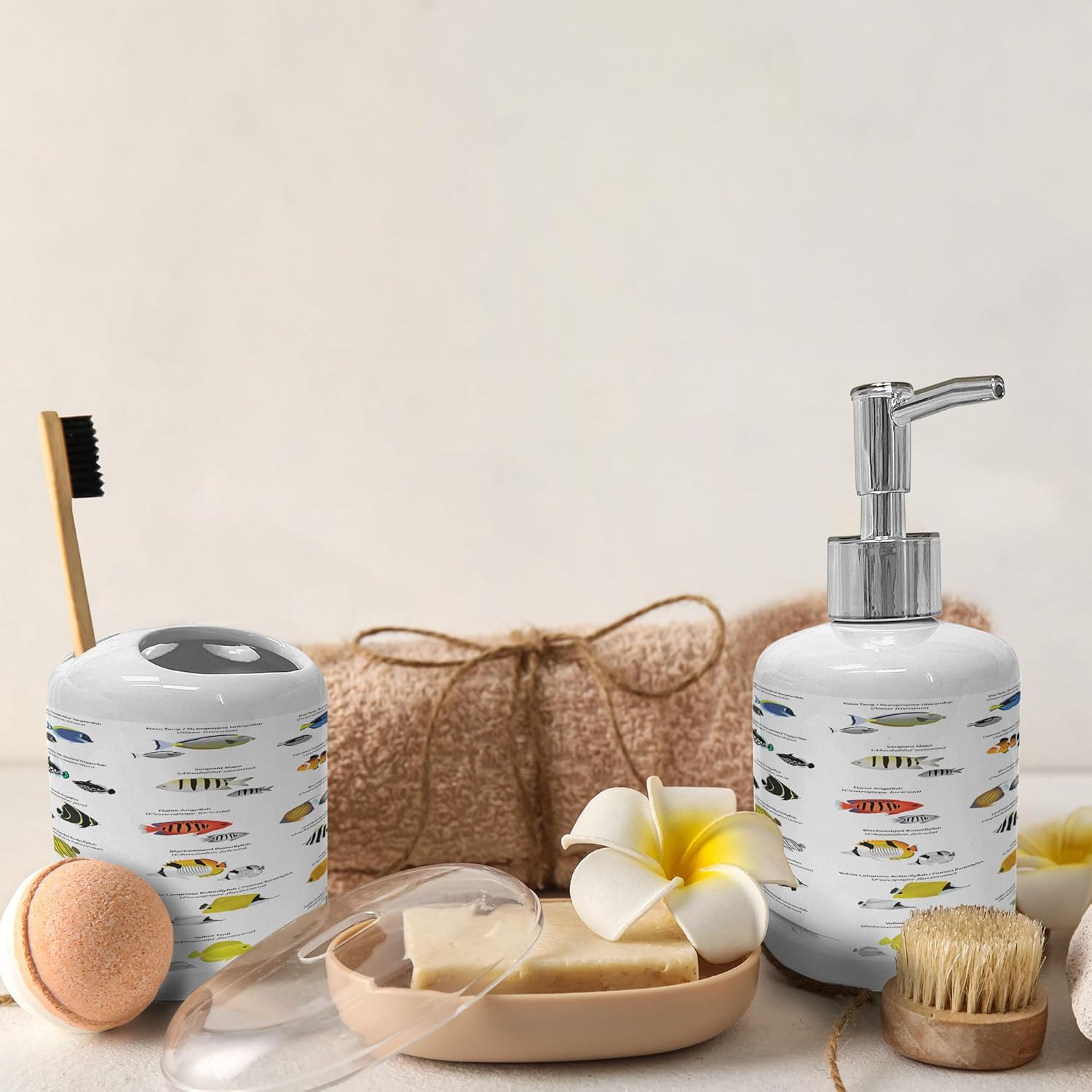 Ambesonne Ocean Fish Soap Dispenser Toothbrush Holder Set 1