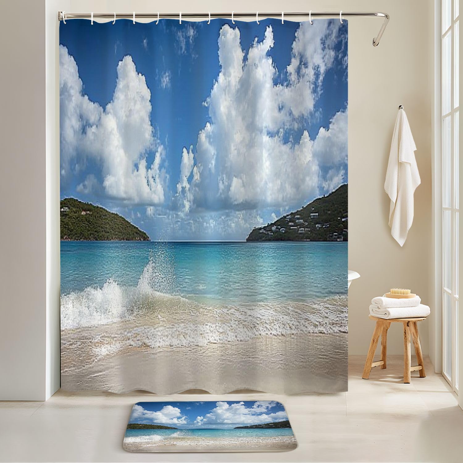 4 Piece Shower Curtain Set with Non-Slip Rugs and Cushions