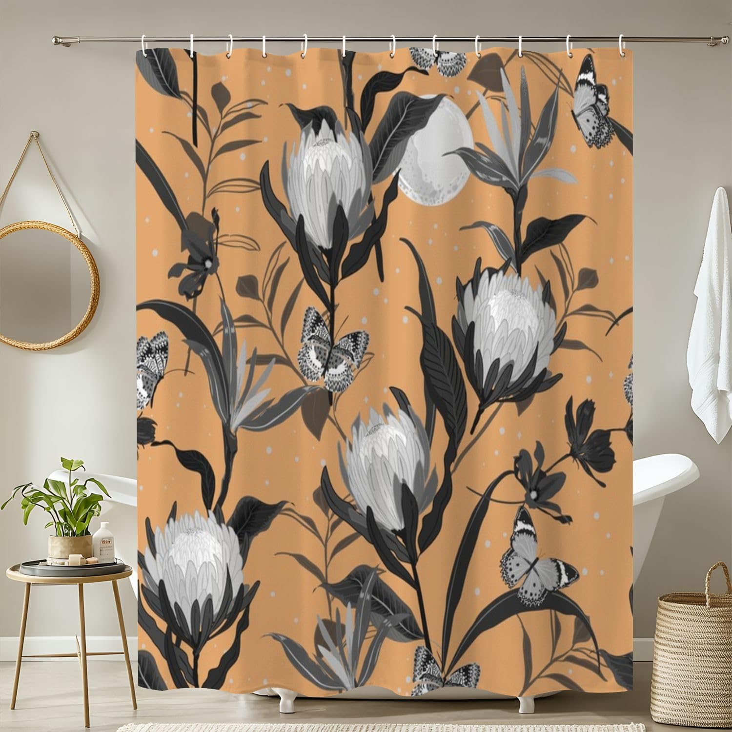JCOOKLOFTS 4 Piece Shower Curtain Set Retro Black Grey with Night Stars