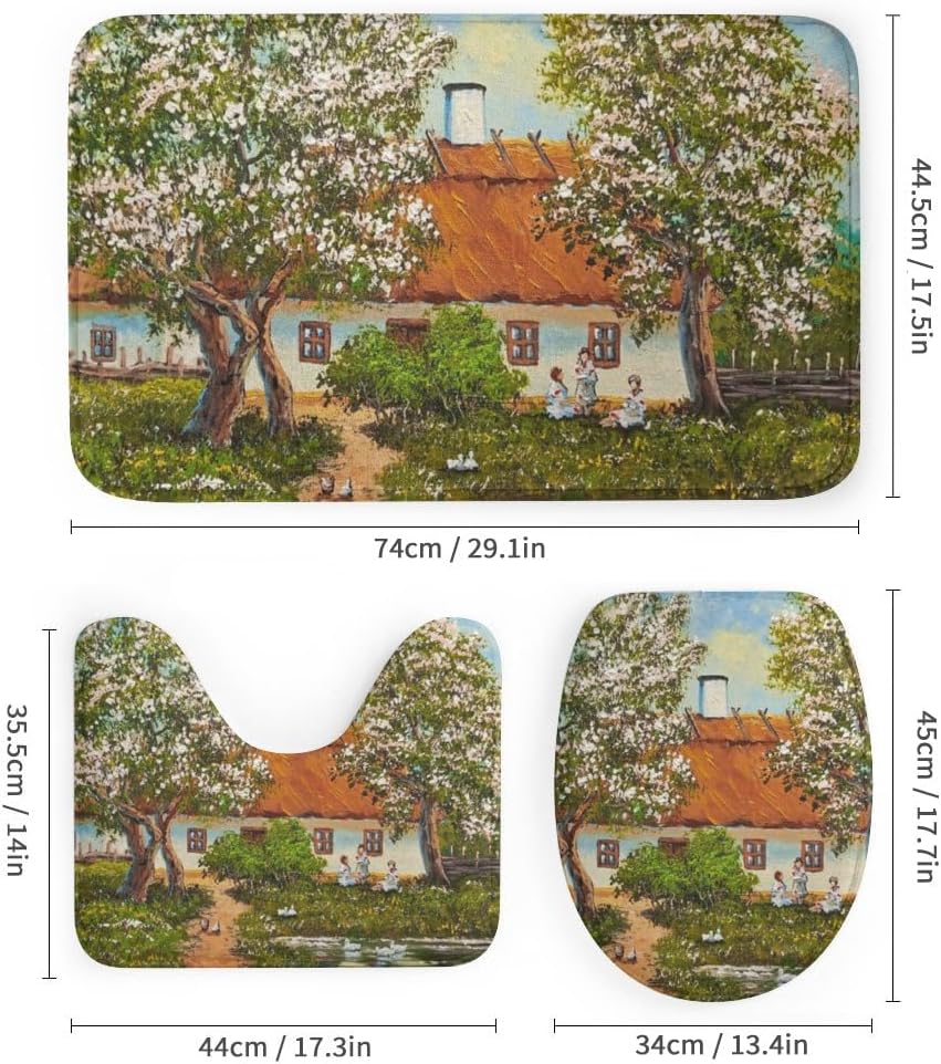 Kuizee 4-Piece Rural Landscape Shower Curtain Set