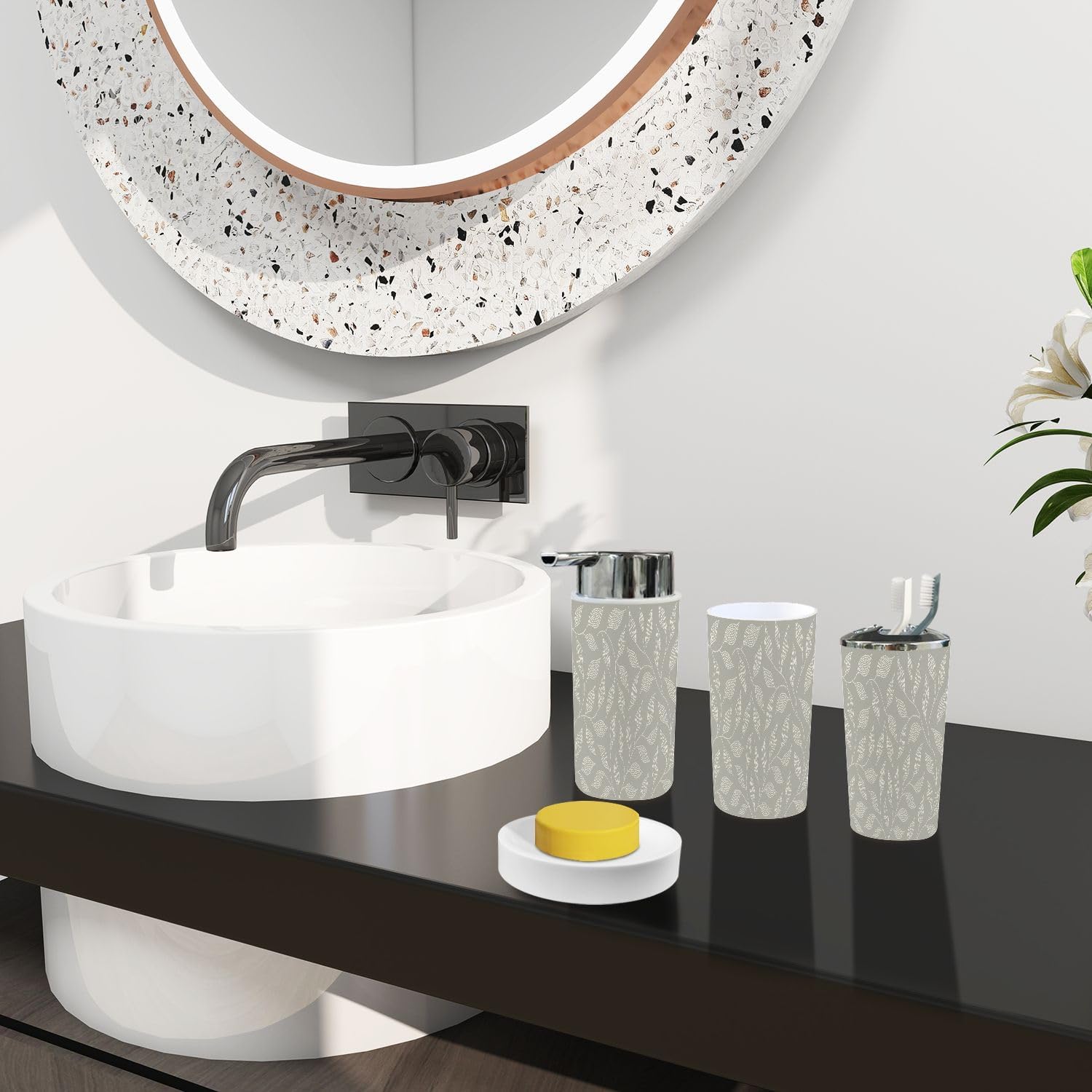 Boho Floral Trash Can Set 6 Piece Bathroom Accessories