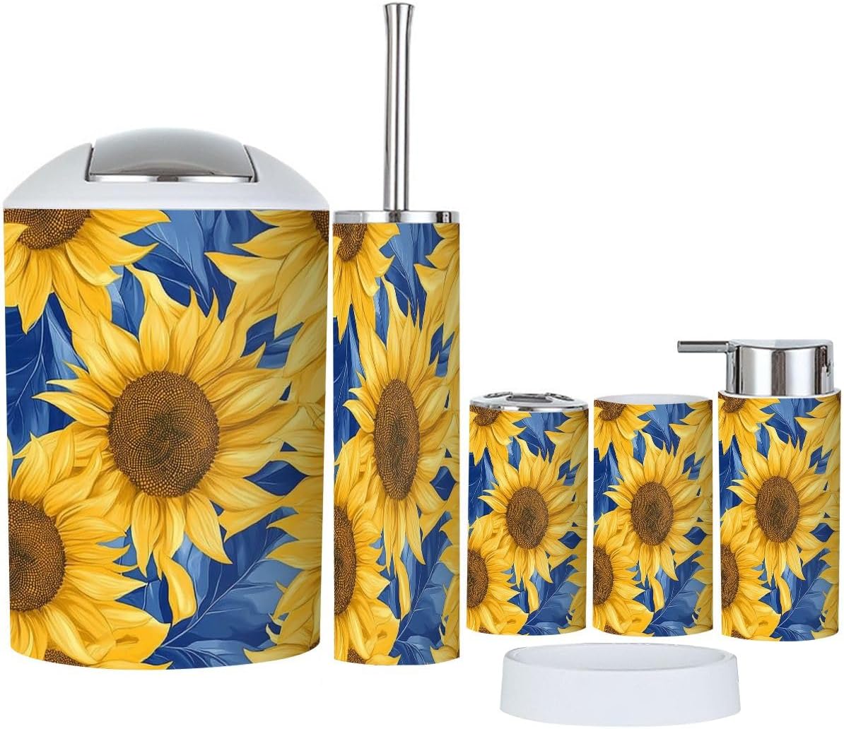 Bathroom Accessories Set 6 Pcs with Sunflowers Pattern