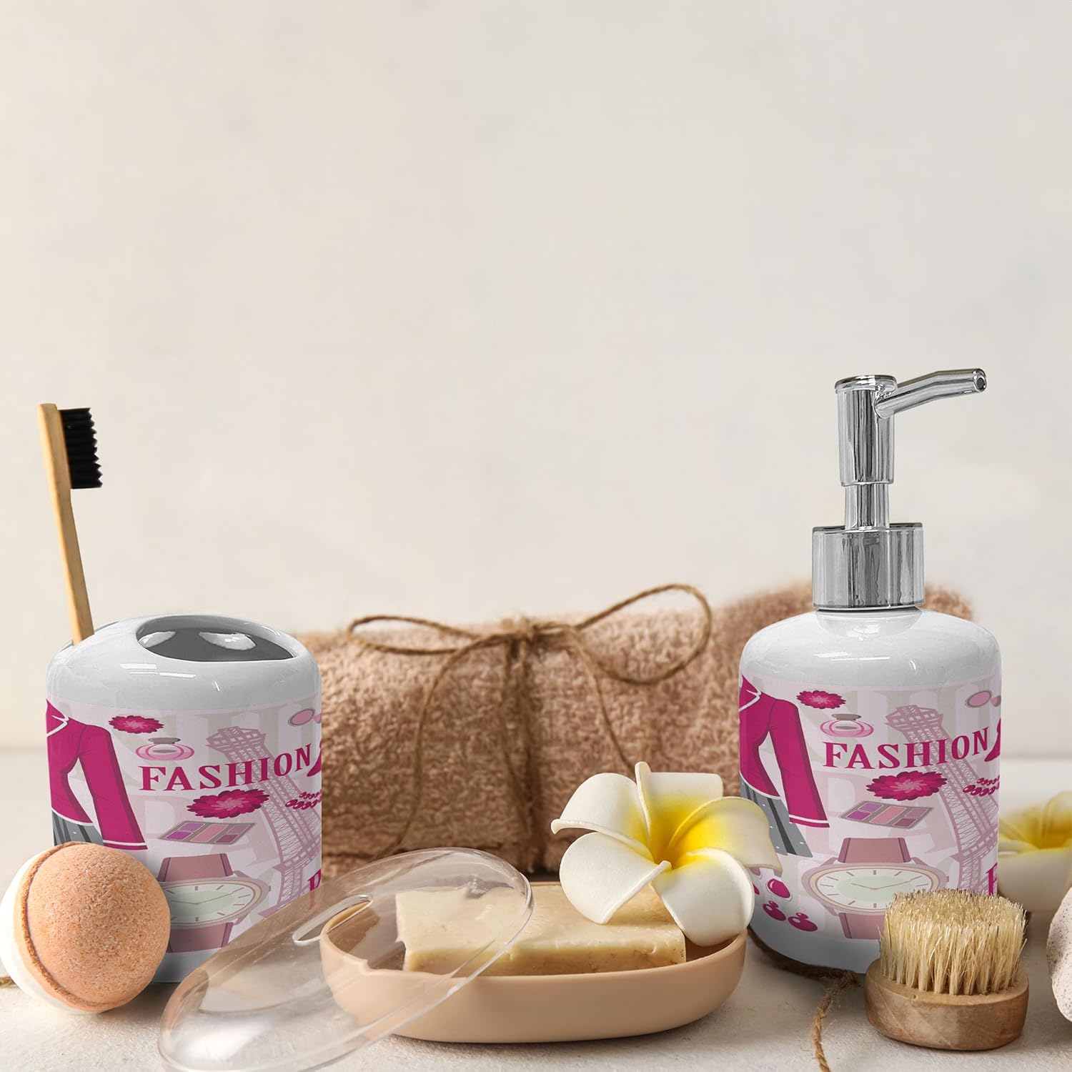 Ambesonne 2 Pc Parisian Ceramic Soap Toothbrush Set