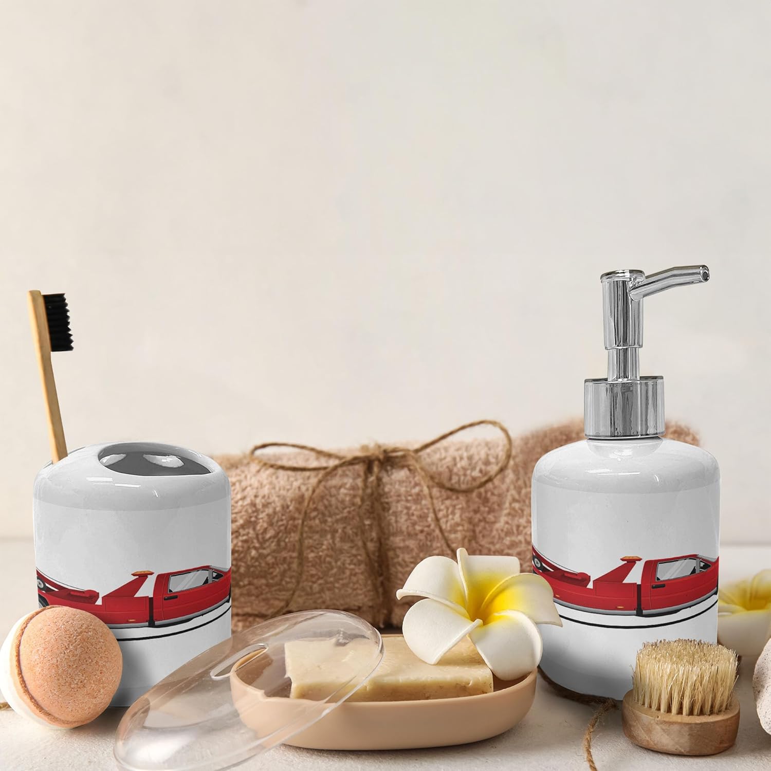 Ambesonne Emergency Repair Service Soap Dispenser Toothbrush Holder Set