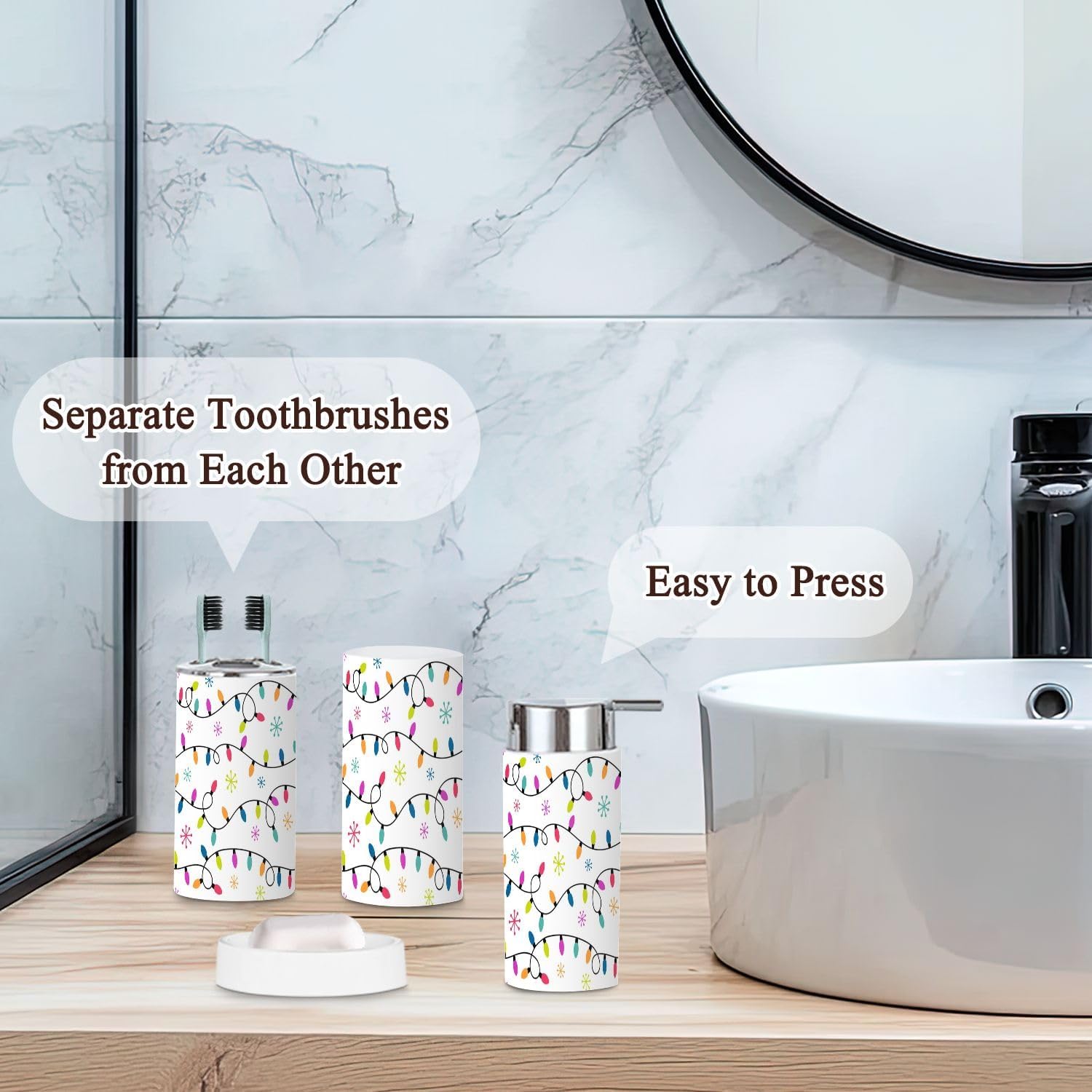 6 Piece Bathroom Accessories Set with Christmas Light Snowflakes Design