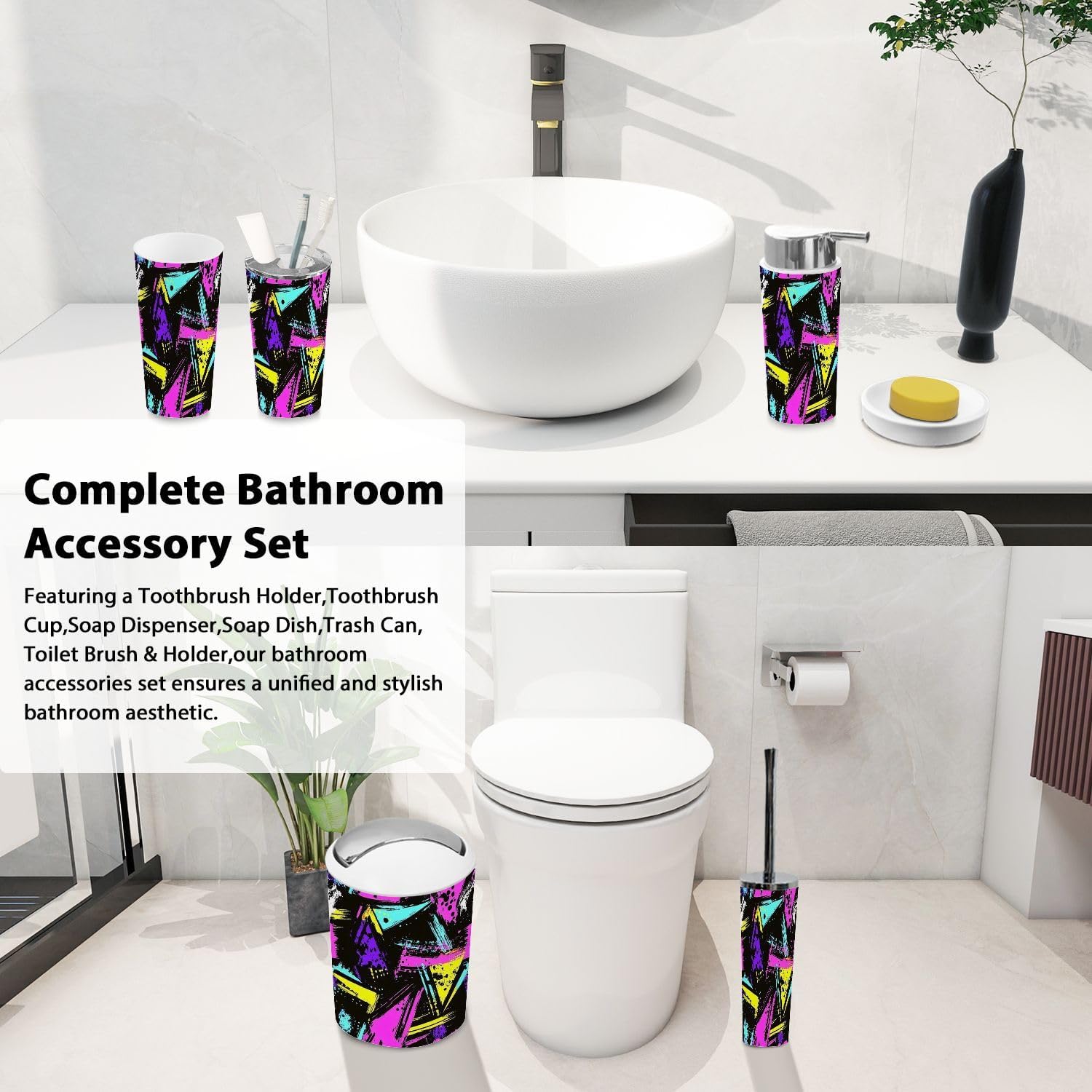 Boho Geometric Neon Bathroom Accessory Set 6 Piece