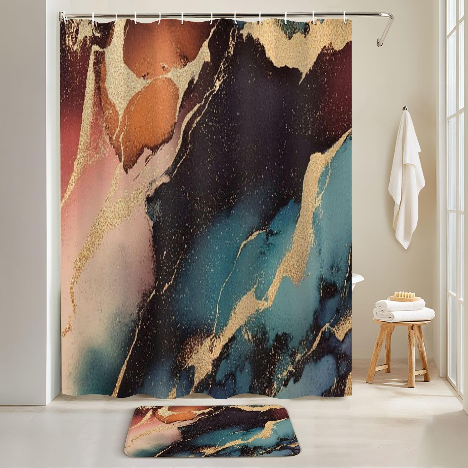 4 Pieces Shower Curtain Set with Non-Slip Mats