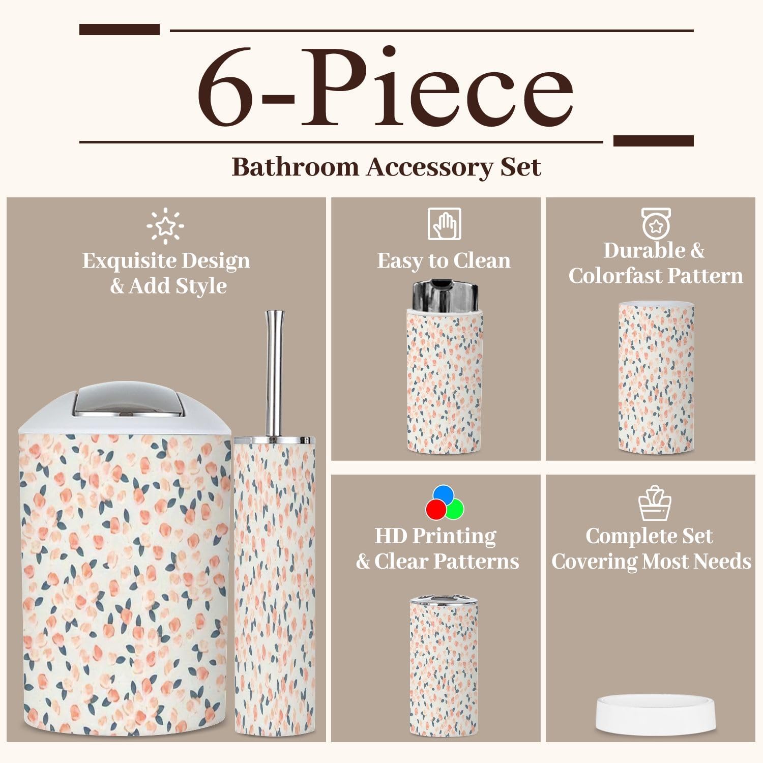 6-Piece Boho Bathroom Accessories Set with Floral Design