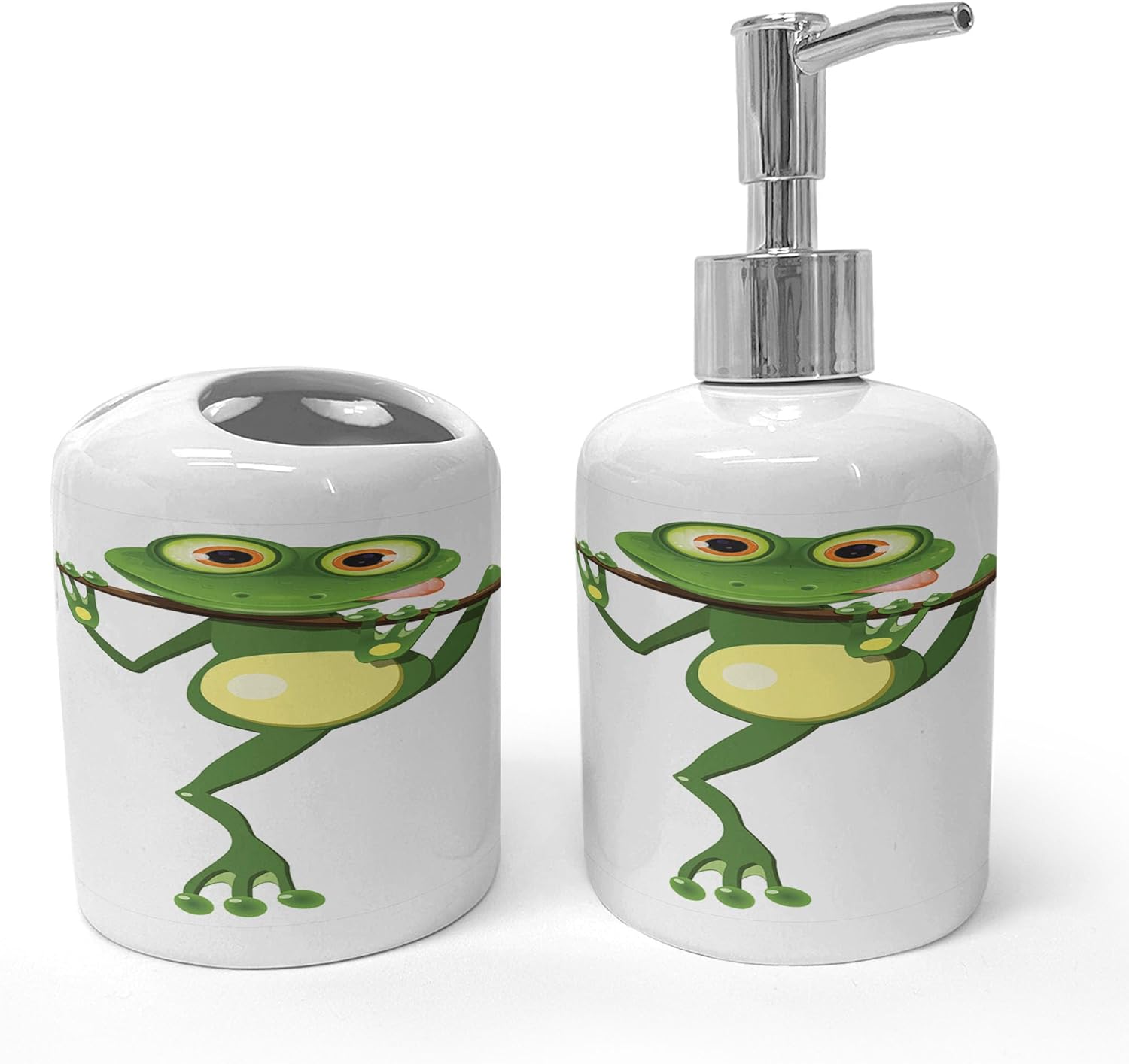 Ambesonne Little Frog Soap Toothbrush Holder Set 2 Pcs Green White Yellow