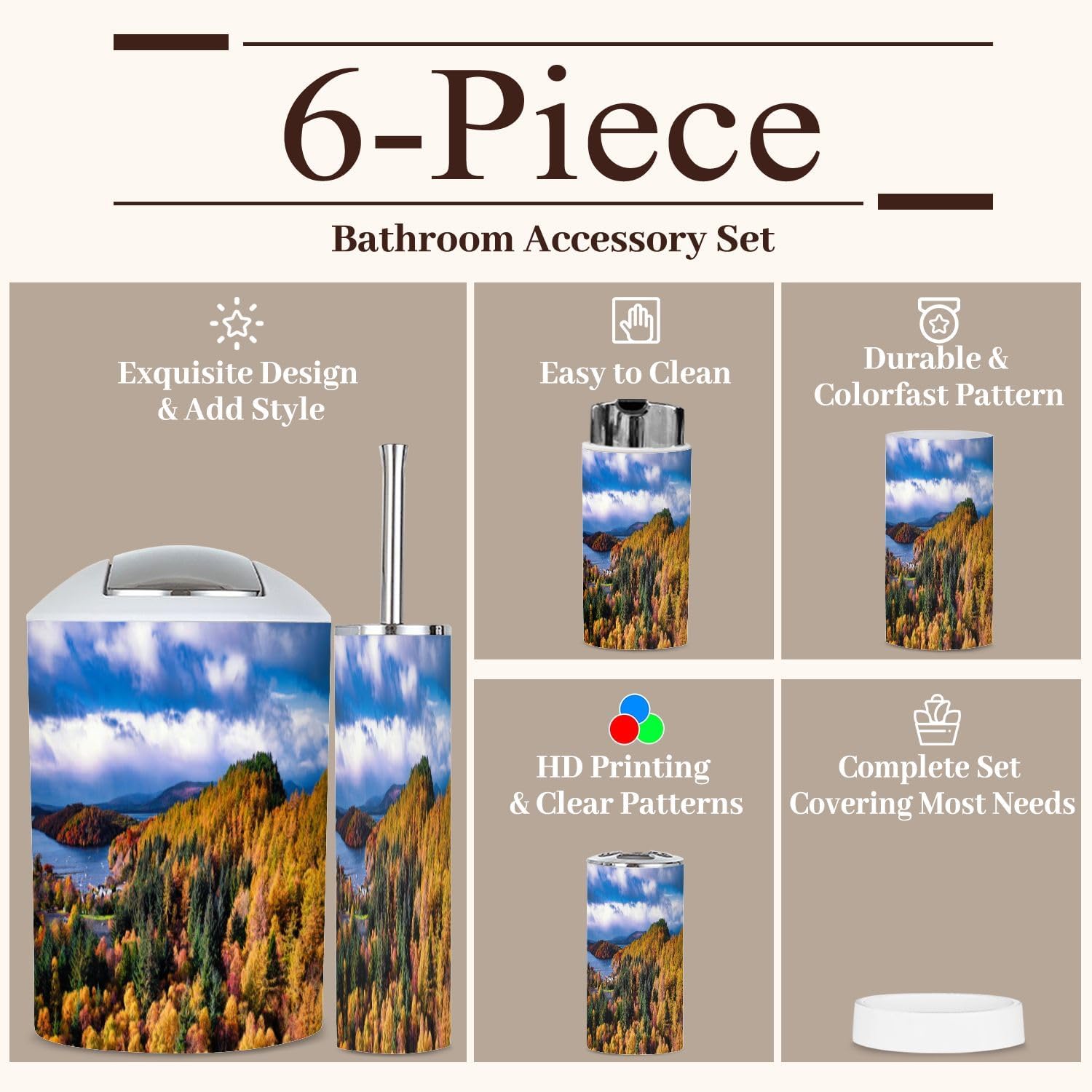 6 Piece Boho Bathroom Accessories Set with Scottish Highlands Design