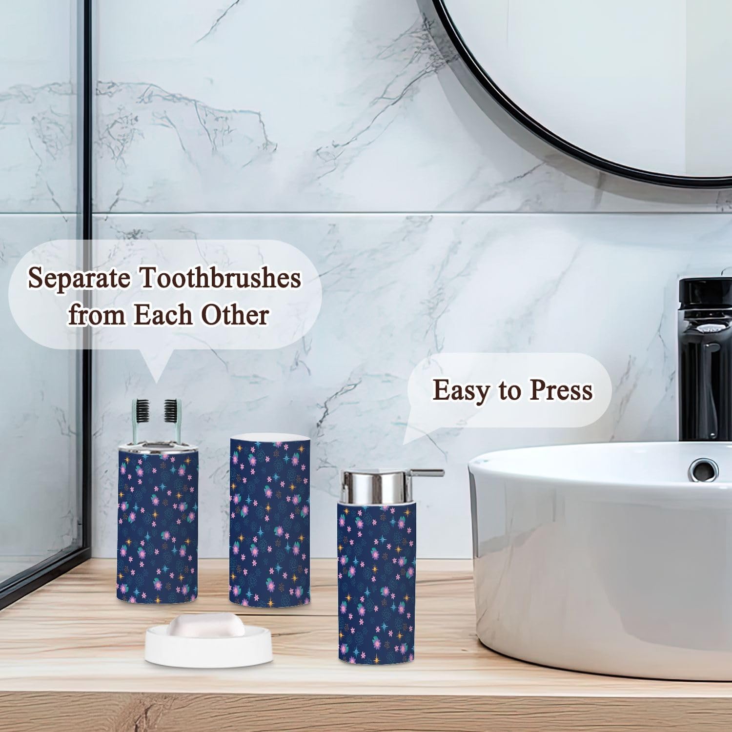 Bathroom Accessories Set 6 Pcs Navy Seamless Print