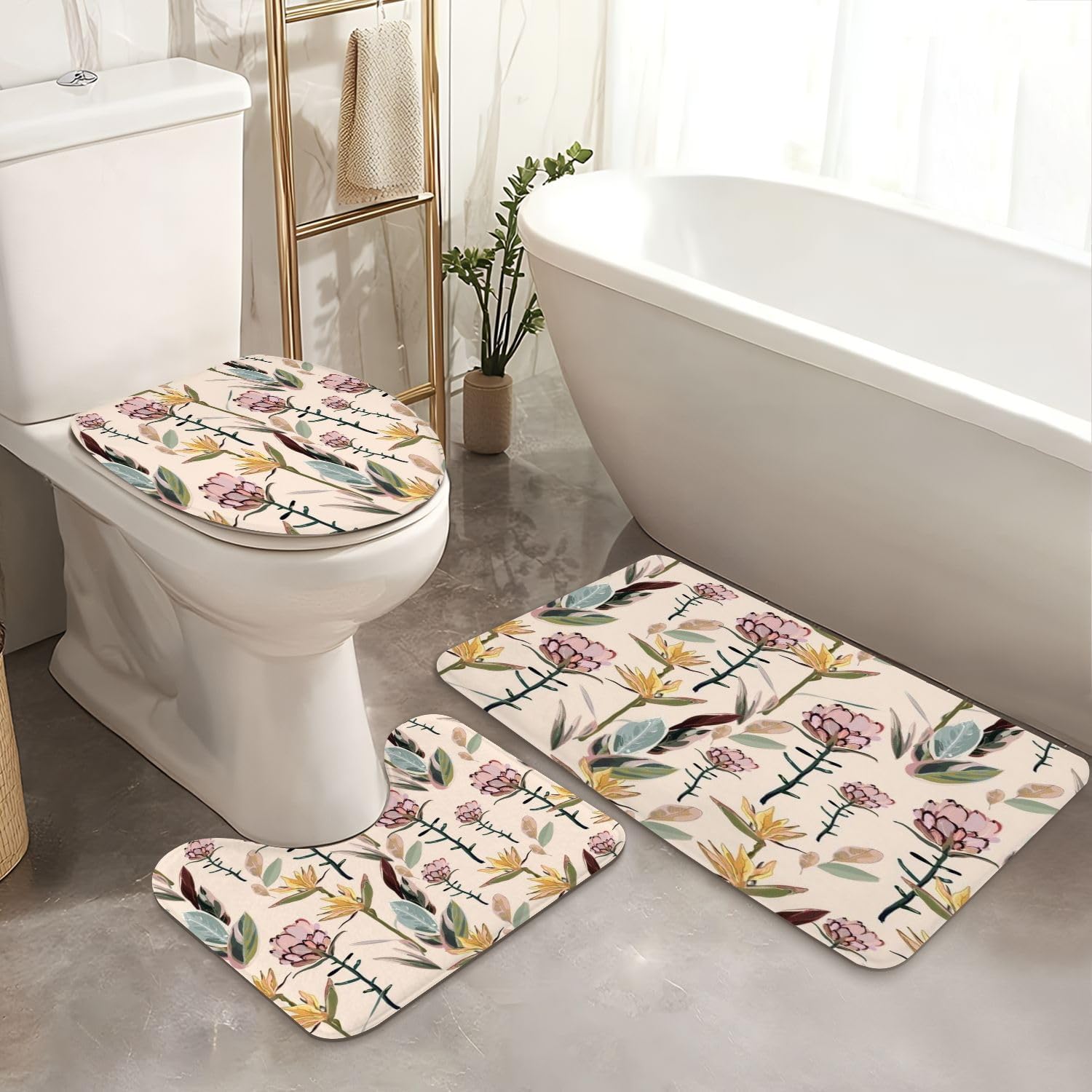 4 Piece Shower Curtain Set with Rugs Mats and Toilet Lid Cover