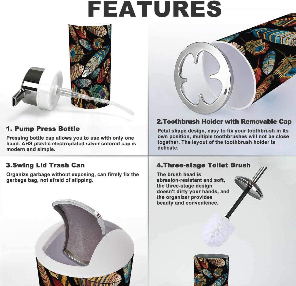 Bathroom Accessories Set 6pcs Tropical Feathers Design