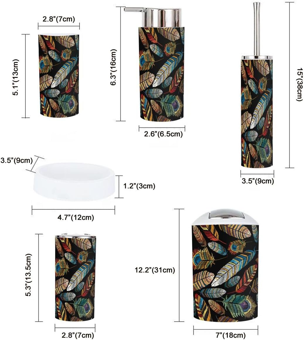 Bathroom Accessories Set 6pcs Tropical Feathers Design