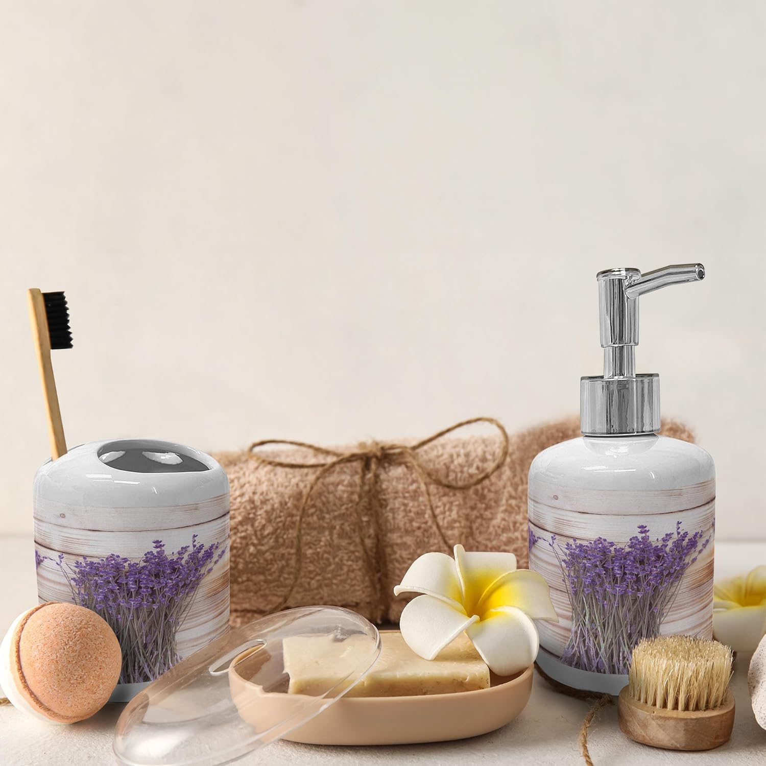 Ambesonne Ceramic Soap Toothbrush Holder Set 2 Pcs Blue Violet and Warm Taupe
